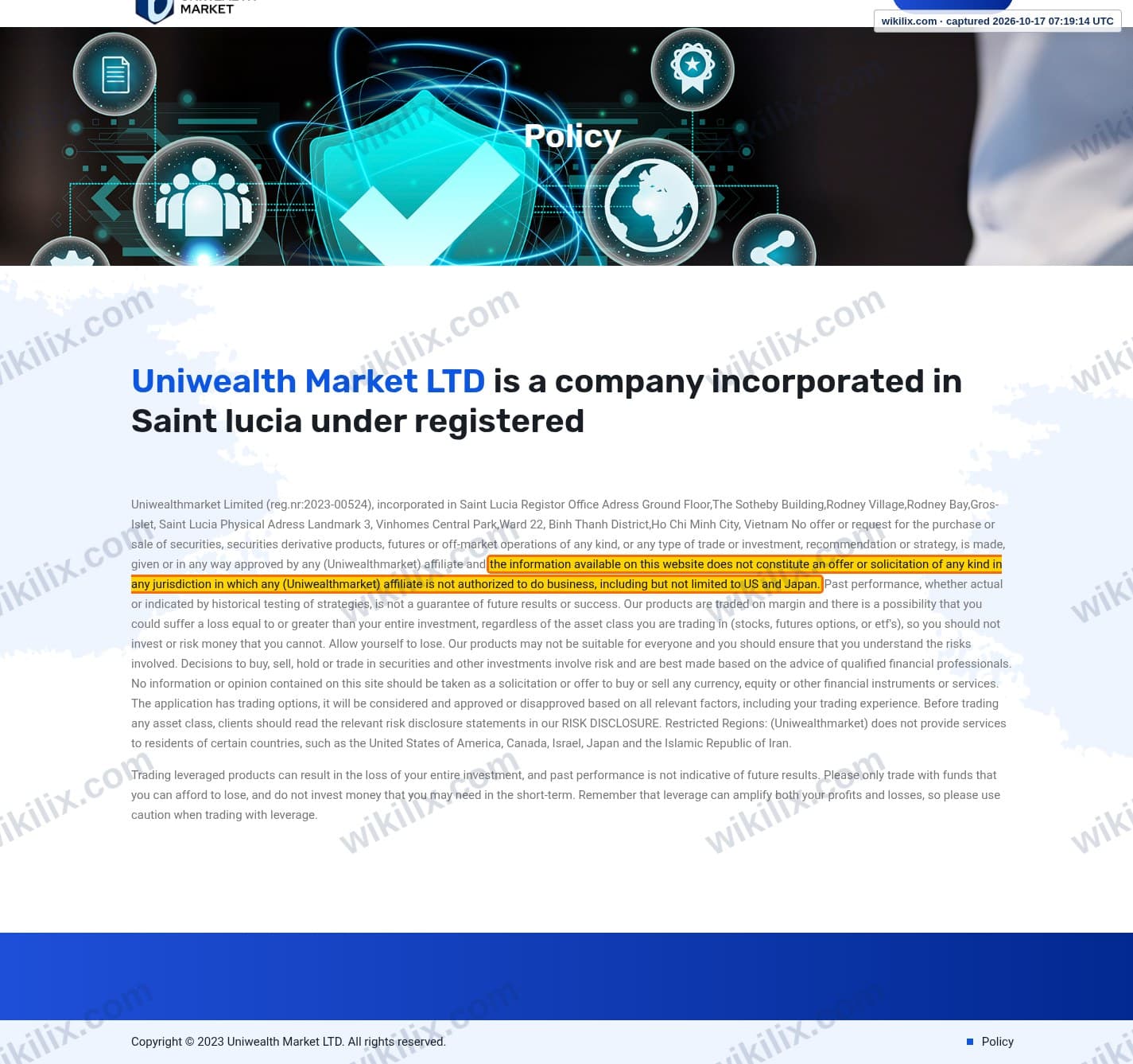 Our full page screenshot of the page this clause sits on, on UNIWEALTH MARKET's site uniwealthmarket.com, taken on Oct 17, 2026. The quoted words are marked in the image.