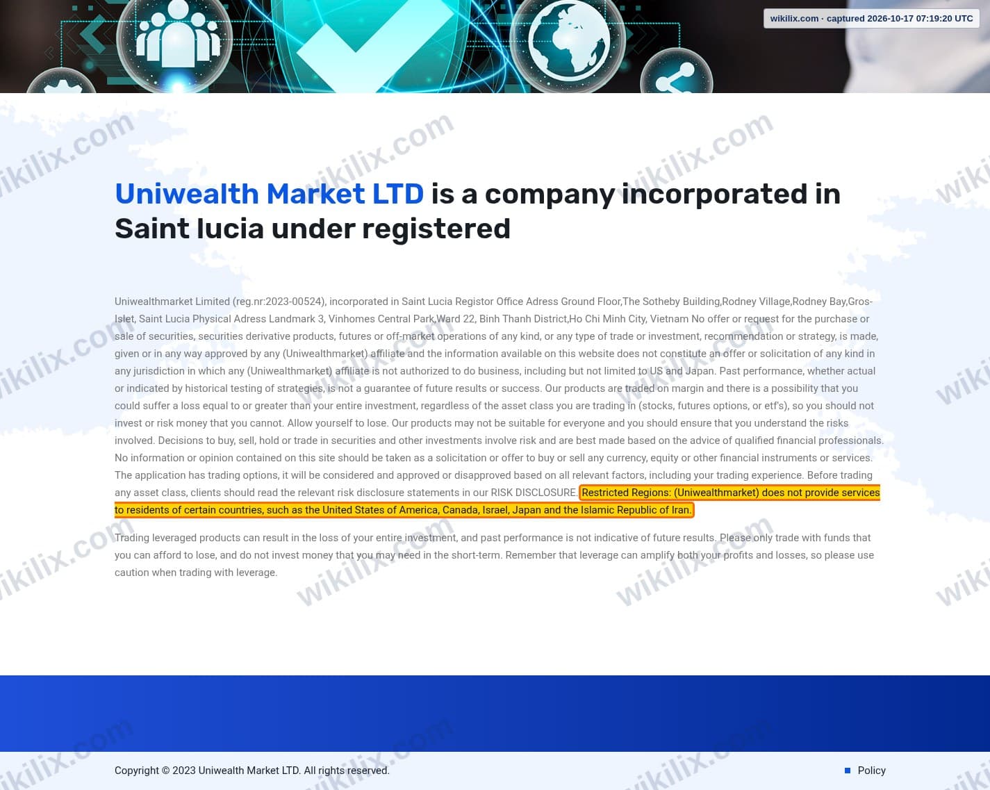 Our full page screenshot of the page this clause sits on, on UNIWEALTH MARKET's site uniwealthmarket.com, taken on Oct 17, 2026. The quoted words are marked in the image.