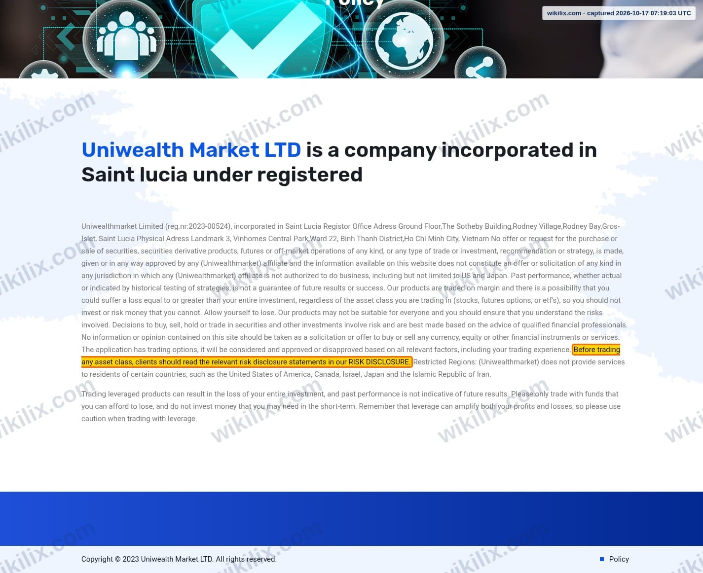 Our full page screenshot of the page this clause sits on, on UNIWEALTH MARKET's site uniwealthmarket.com, taken on Oct 17, 2026. The quoted words are marked in the image.