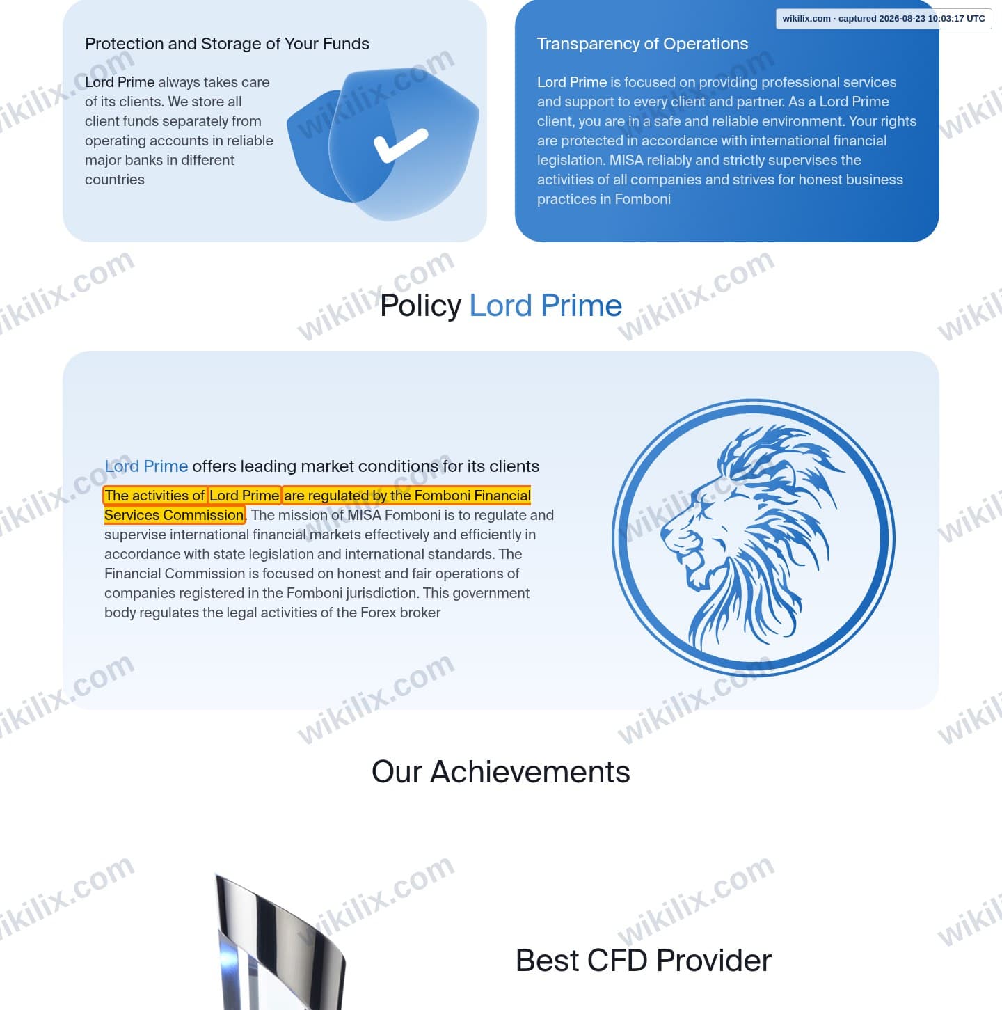 Our full page screenshot of the page that makes this promise, on LORD PRIME's site lordprime.io, taken on Aug 23, 2026. The quoted words are marked in the image.
