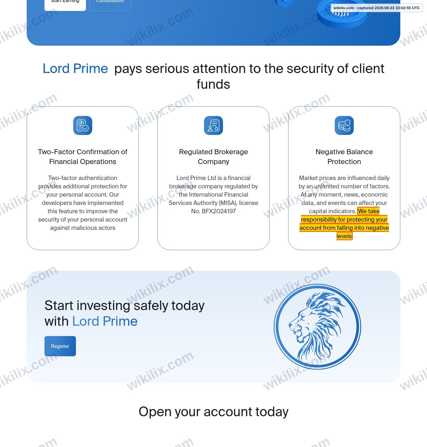 Our full page screenshot of the page that makes this promise, on LORD PRIME's site lordprime.io, taken on Aug 23, 2026. The quoted words are marked in the image.