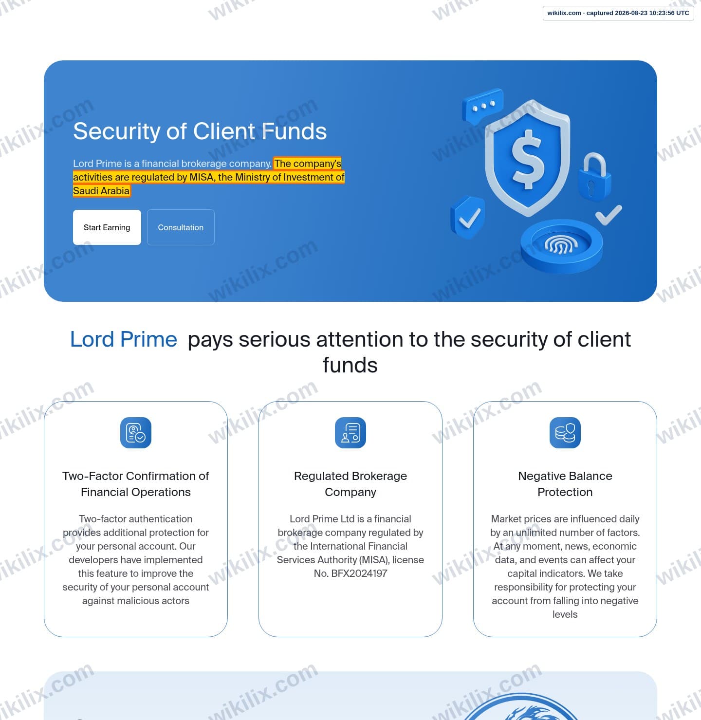 Our full page screenshot of the page that makes this promise, on LORD PRIME's site lordprime.io, taken on Aug 23, 2026. The quoted words are marked in the image.
