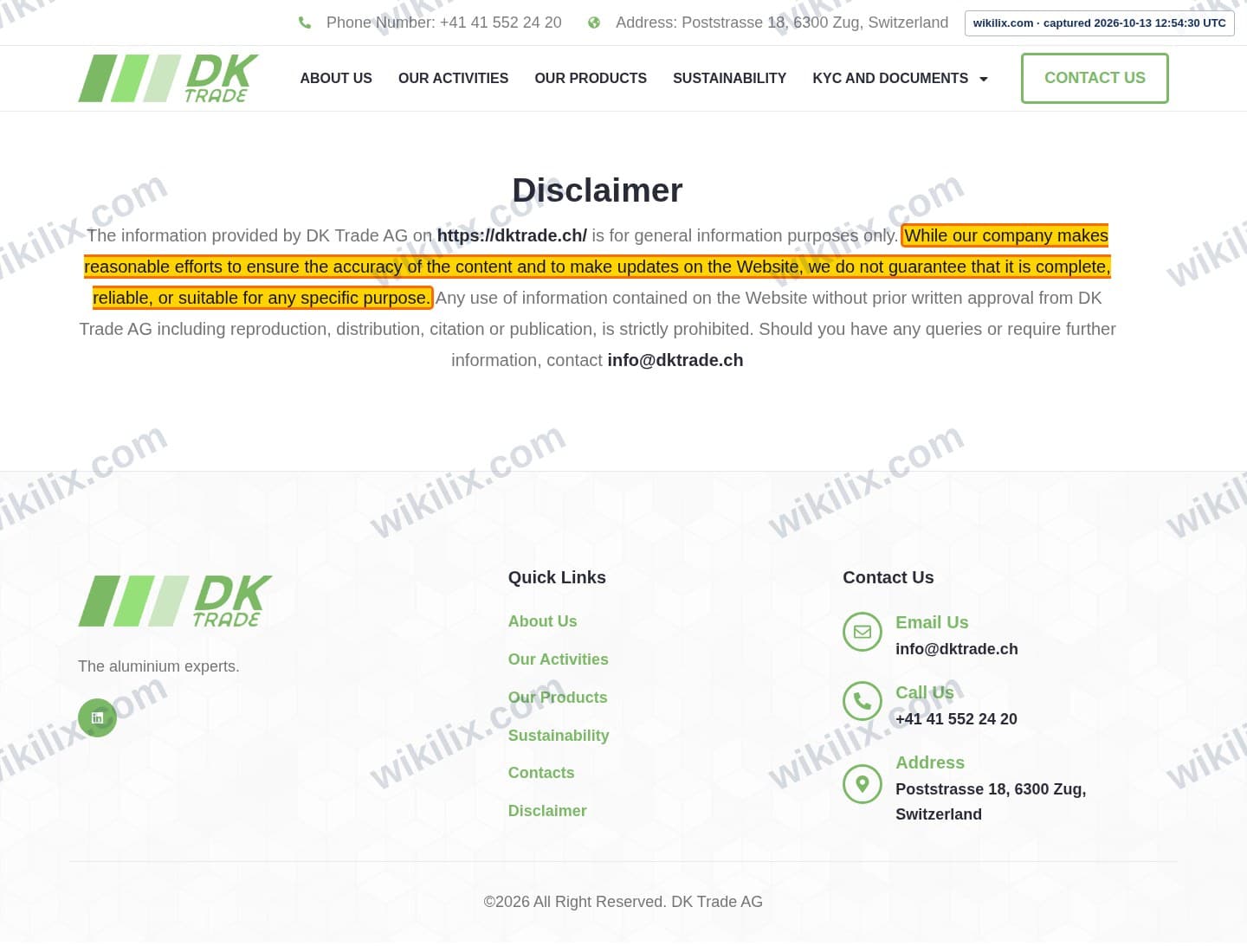 Our full page screenshot of the page this clause sits on, on DK Trade's site dktrade.ch, taken on Oct 13, 2026. The quoted words are marked in the image.