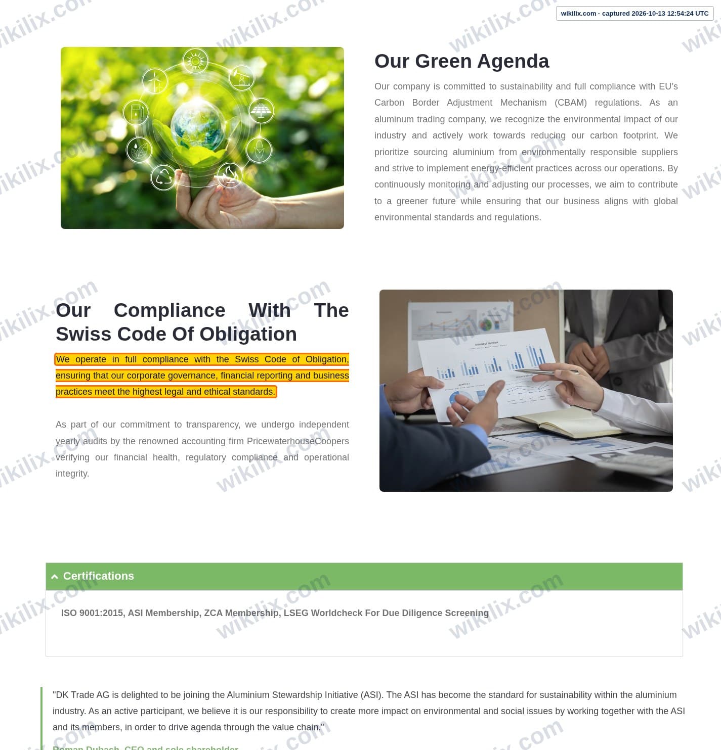 Our full page screenshot of the page that makes this promise, on DK Trade's site dktrade.ch, taken on Oct 13, 2026. The quoted words are marked in the image.