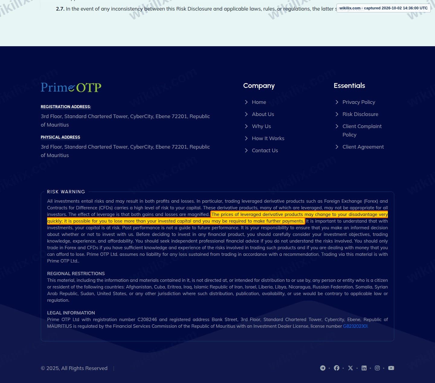 Our full page screenshot of the page this clause sits on, on Prime OTP's site primeotp.com, taken on Oct 2, 2026. The quoted words are marked in the image.