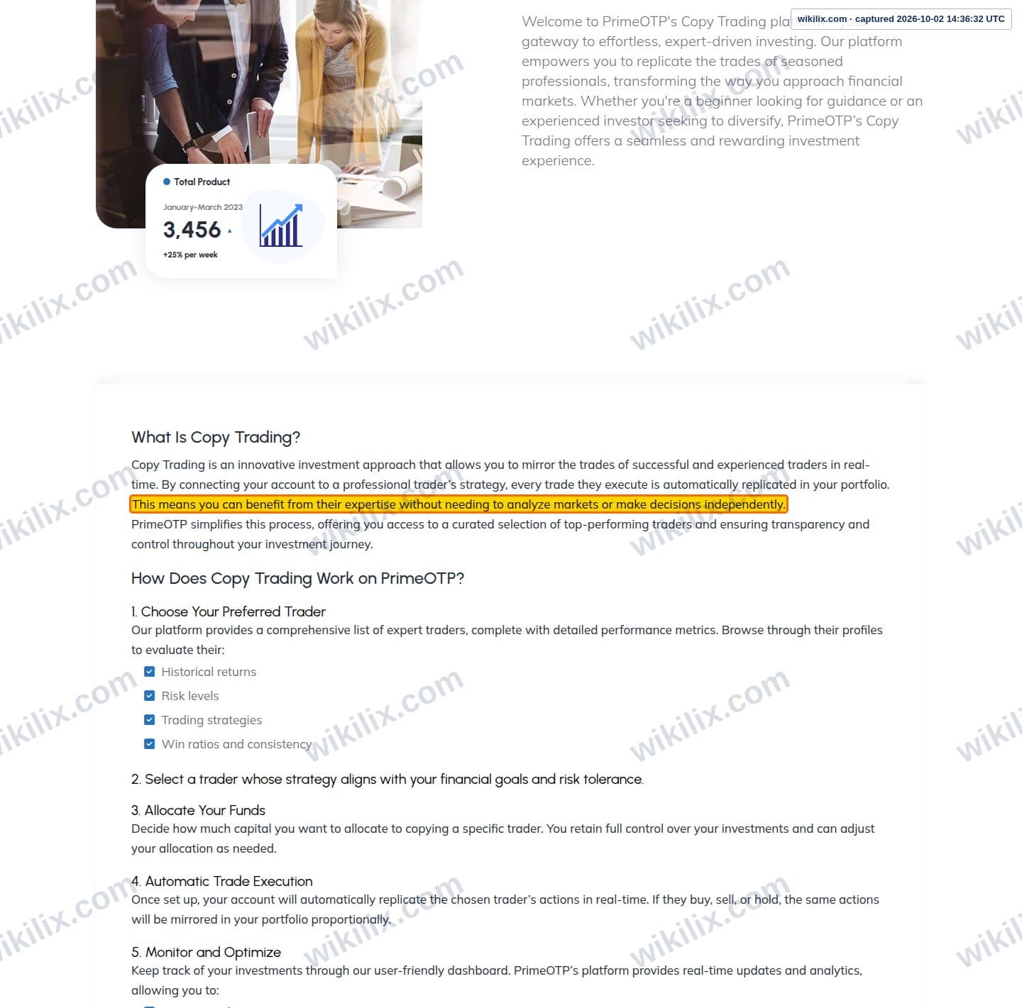 Our full page screenshot of the page that makes this promise, on Prime OTP's site primeotp.com, taken on Oct 2, 2026. The quoted words are marked in the image.