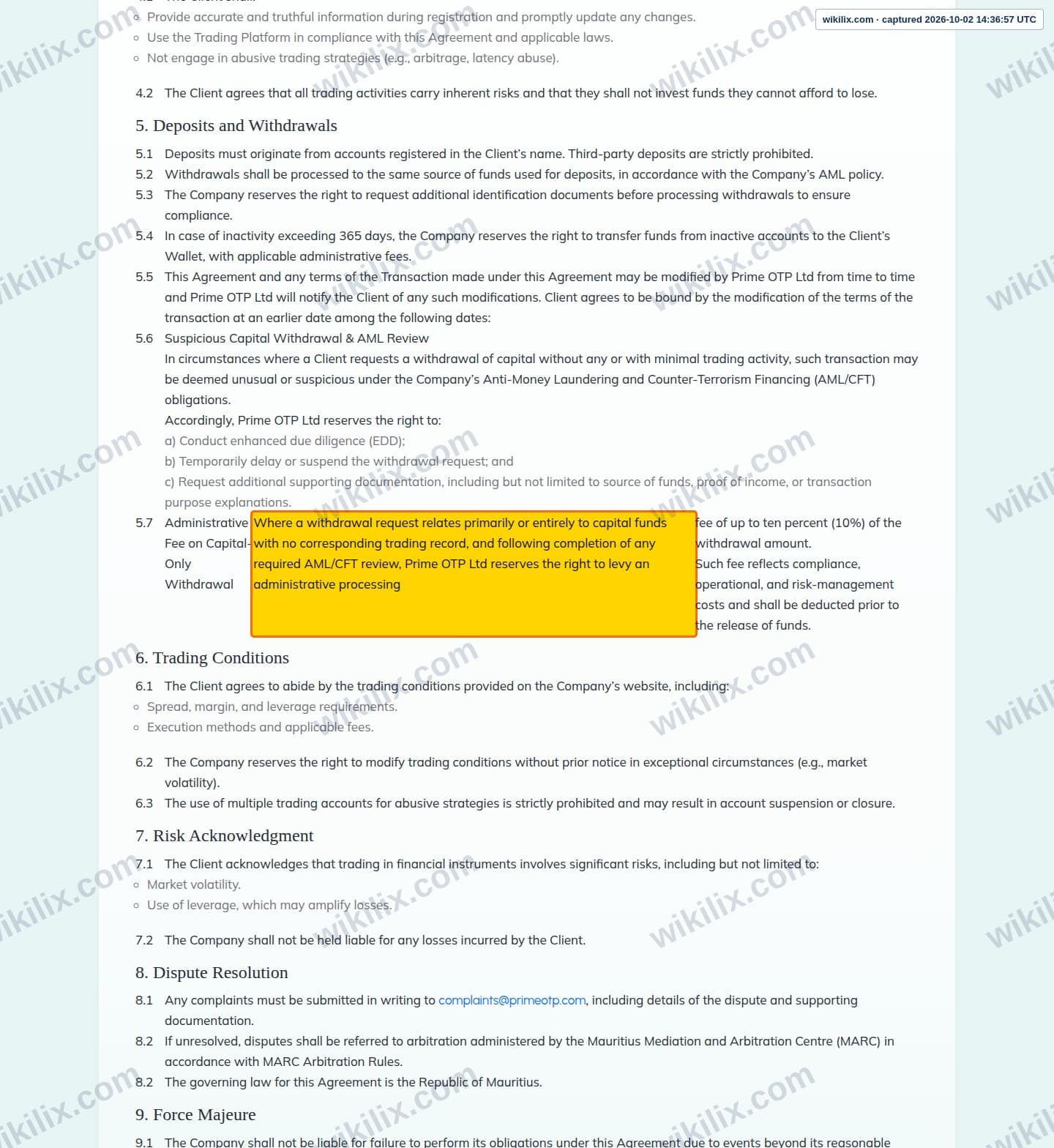 Our full page screenshot of the page this clause sits on, on Prime OTP's site primeotp.com, taken on Oct 2, 2026. The quoted words are marked in the image.