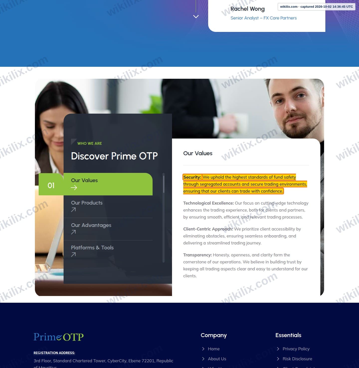 Our full page screenshot of the page that makes this promise, on Prime OTP's site primeotp.com, taken on Oct 2, 2026. The quoted words are marked in the image.