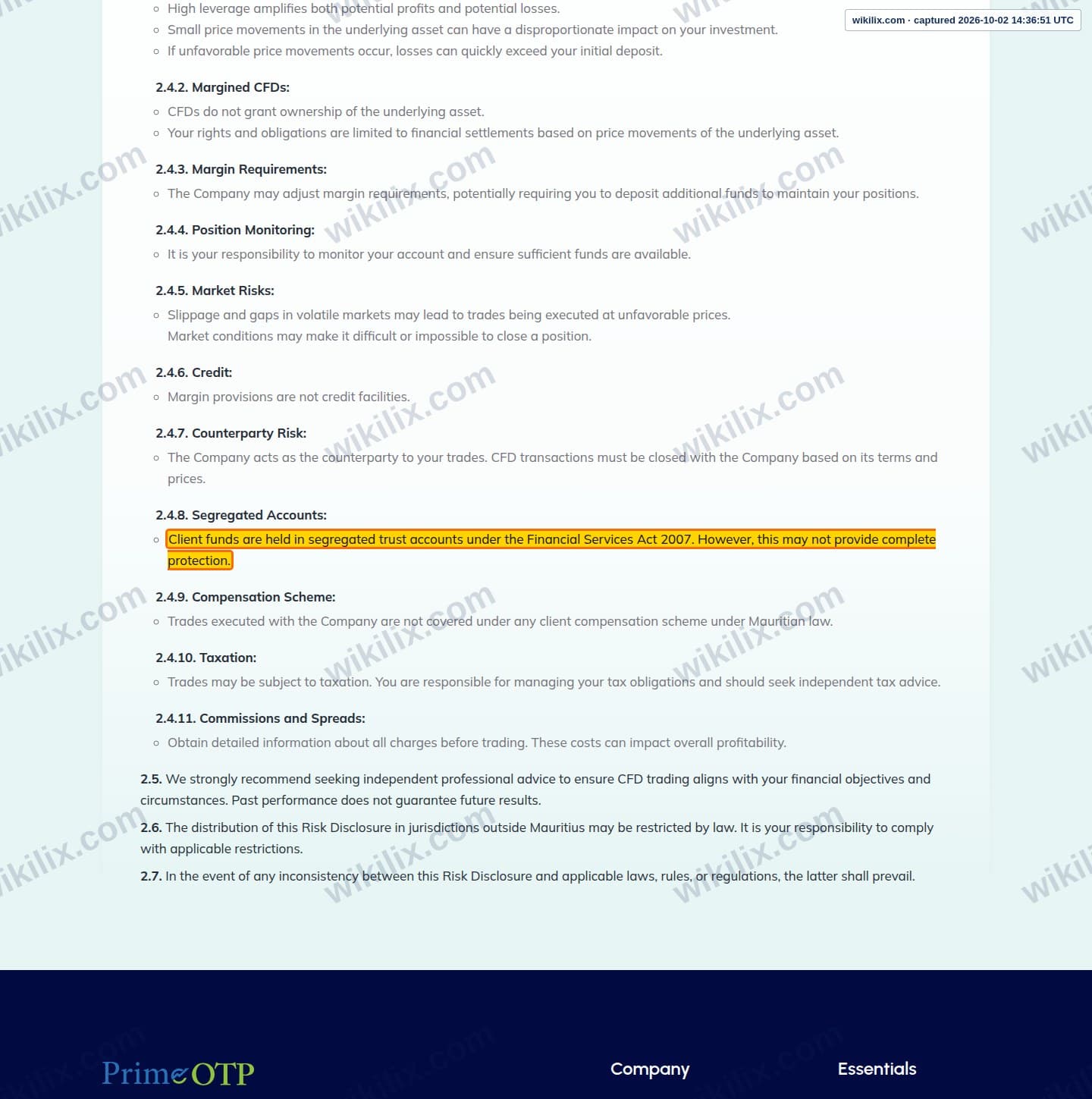 Our full page screenshot of the page this clause sits on, on Prime OTP's site primeotp.com, taken on Oct 2, 2026. The quoted words are marked in the image.