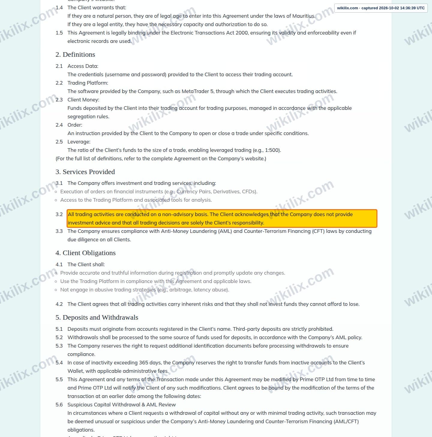 Our full page screenshot of the page this clause sits on, on Prime OTP's site primeotp.com, taken on Oct 2, 2026. The quoted words are marked in the image.