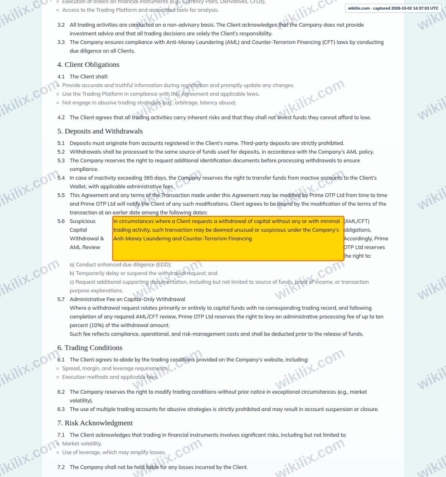 Our full page screenshot of the page this clause sits on, on Prime OTP's site primeotp.com, taken on Oct 2, 2026. The quoted words are marked in the image.