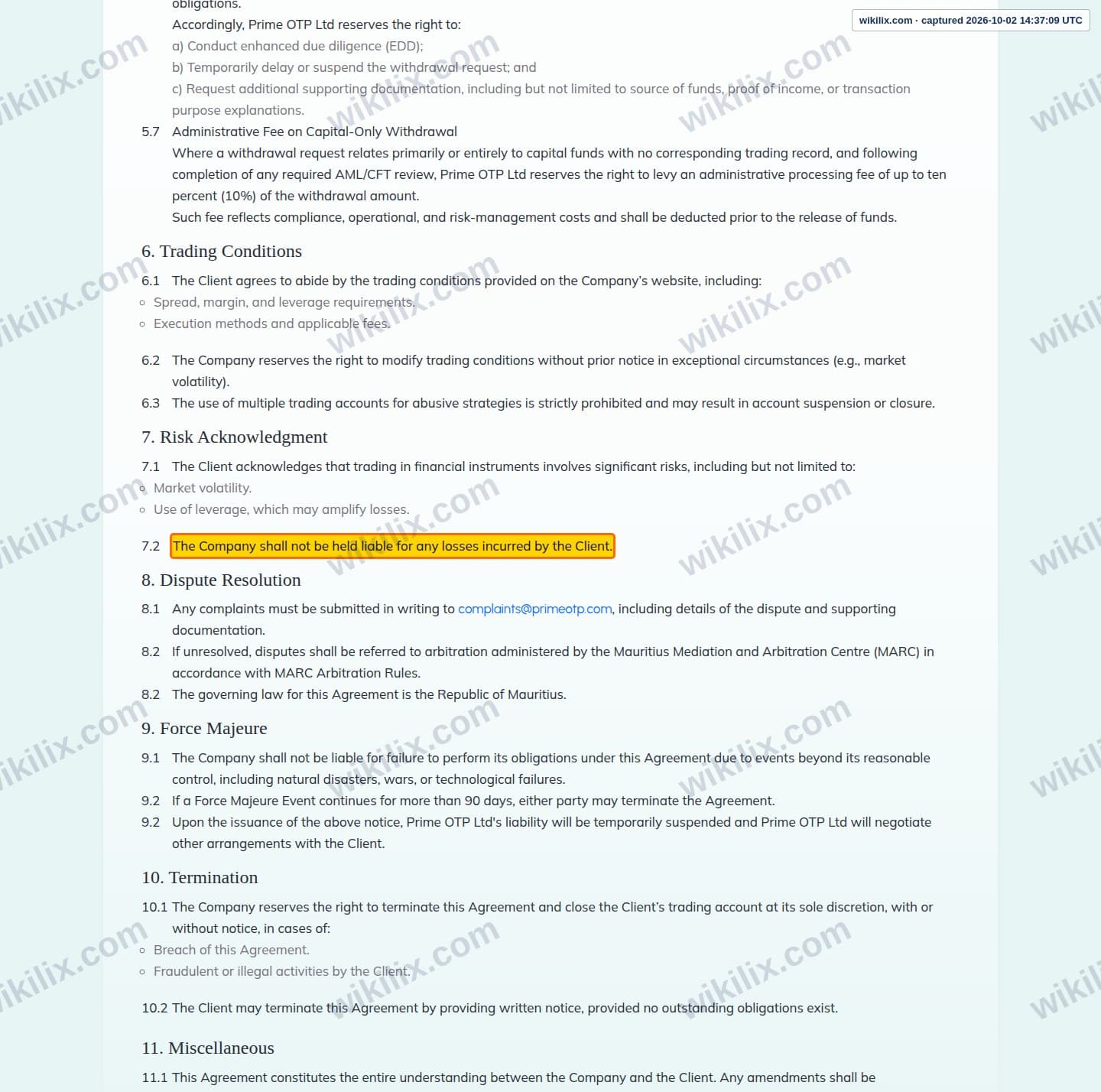 Our full page screenshot of the page this clause sits on, on Prime OTP's site primeotp.com, taken on Oct 2, 2026. The quoted words are marked in the image.