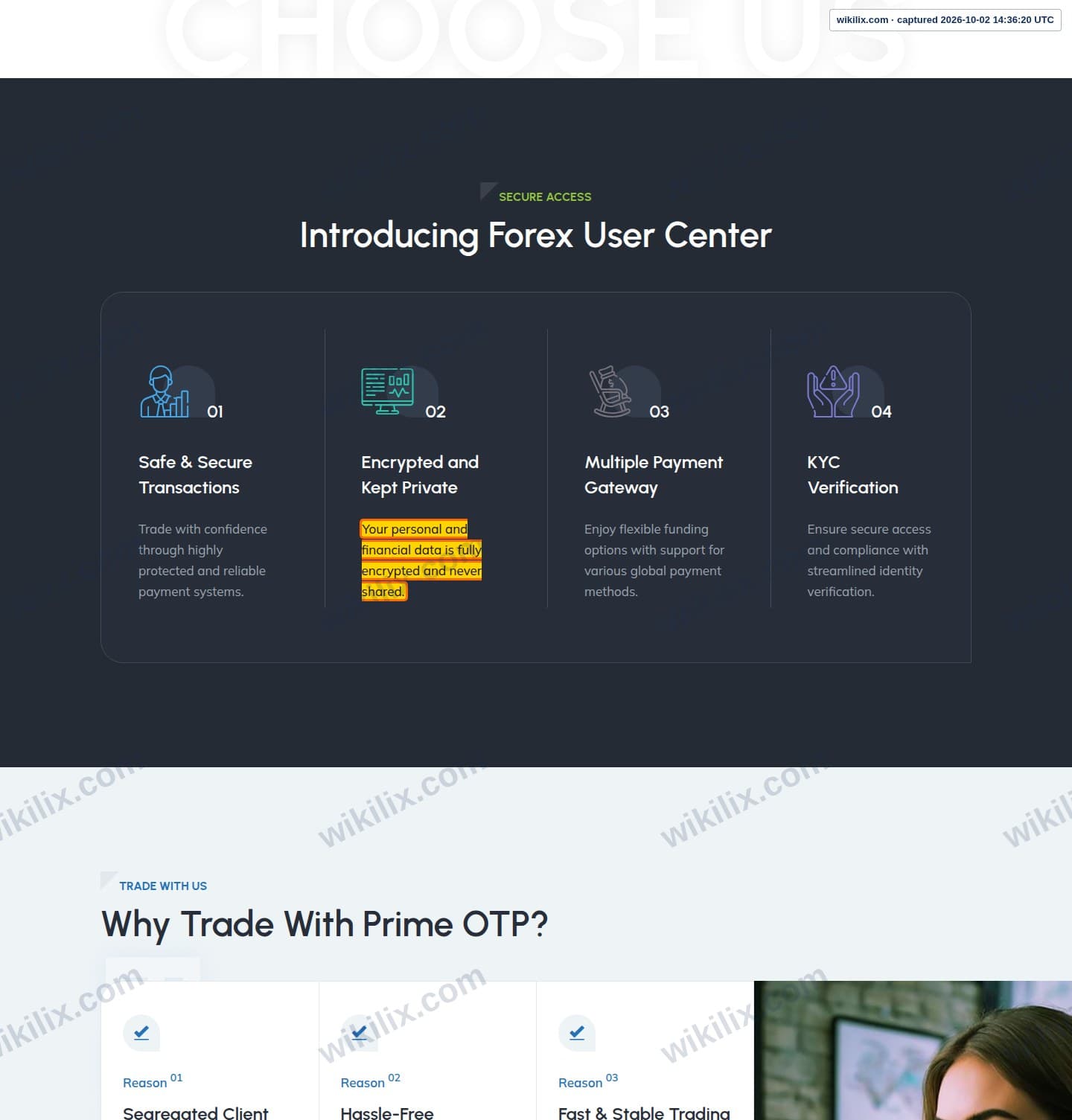 Our full page screenshot of the page that makes this promise, on Prime OTP's site primeotp.com, taken on Oct 2, 2026. The quoted words are marked in the image.