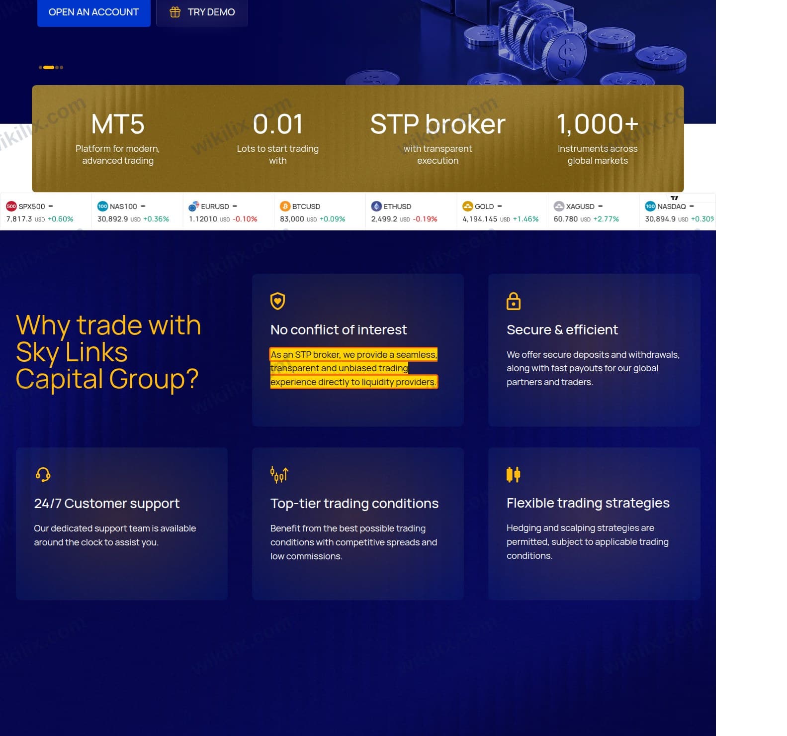 Our full page screenshot of the page that makes this promise, on Sky Links Capital's site skylinkscapital.com, taken on Oct 11, 2026. The quoted words are marked in the image.