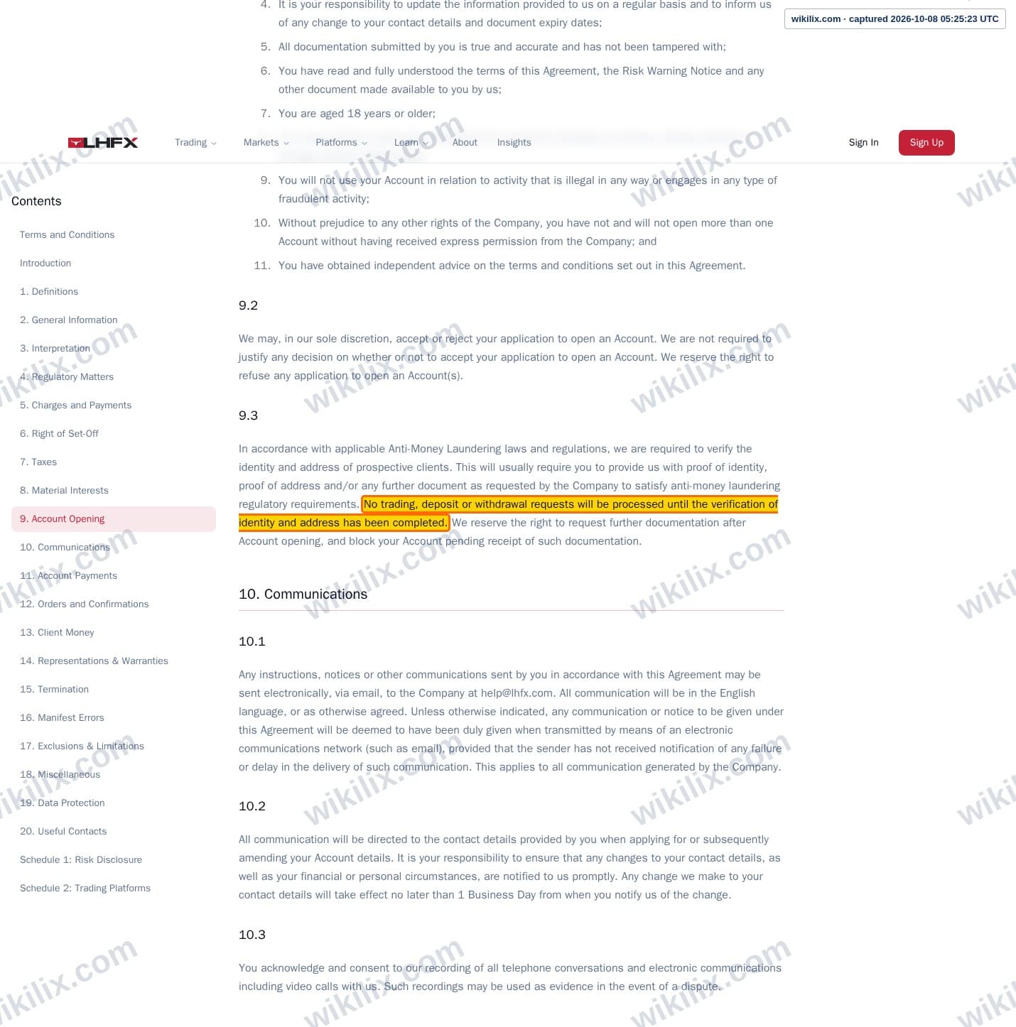 Our full page screenshot of the page this clause sits on, on CedarFX's site lhfx.com, taken on Oct 8, 2026. The quoted words are marked in the image.