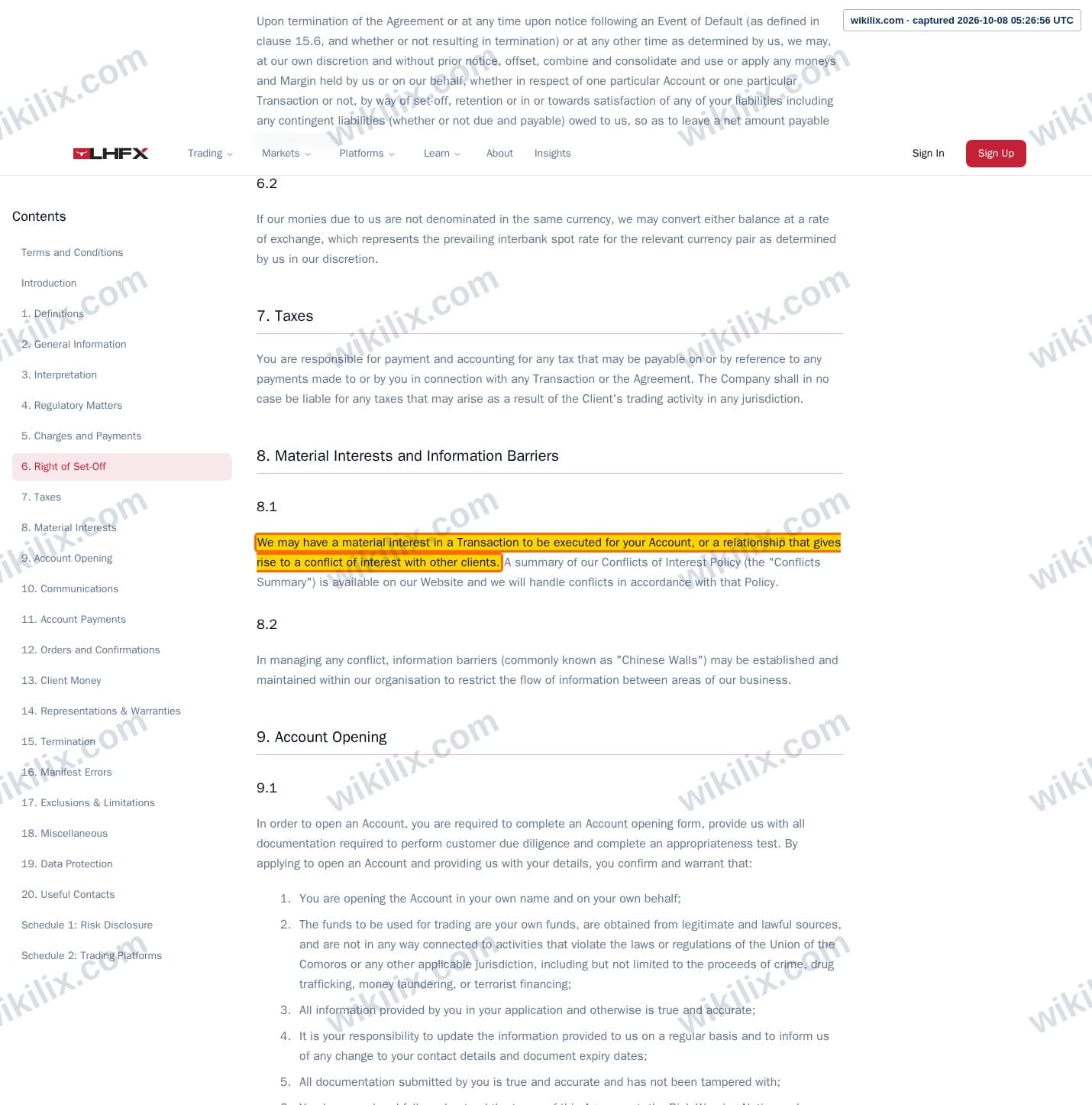Our full page screenshot of the page this clause sits on, on CedarFX's site lhfx.com, taken on Oct 8, 2026. The quoted words are marked in the image.