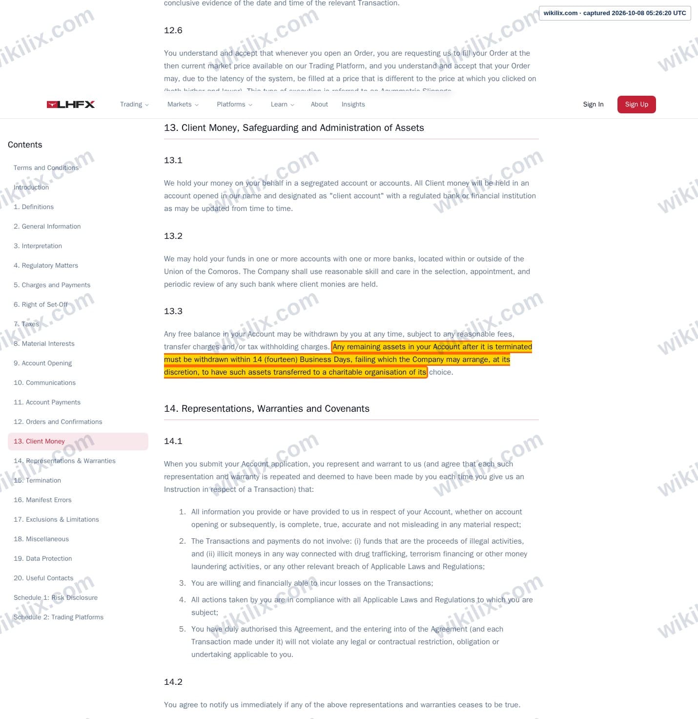 Our full page screenshot of the page this clause sits on, on CedarFX's site lhfx.com, taken on Oct 8, 2026. The quoted words are marked in the image.