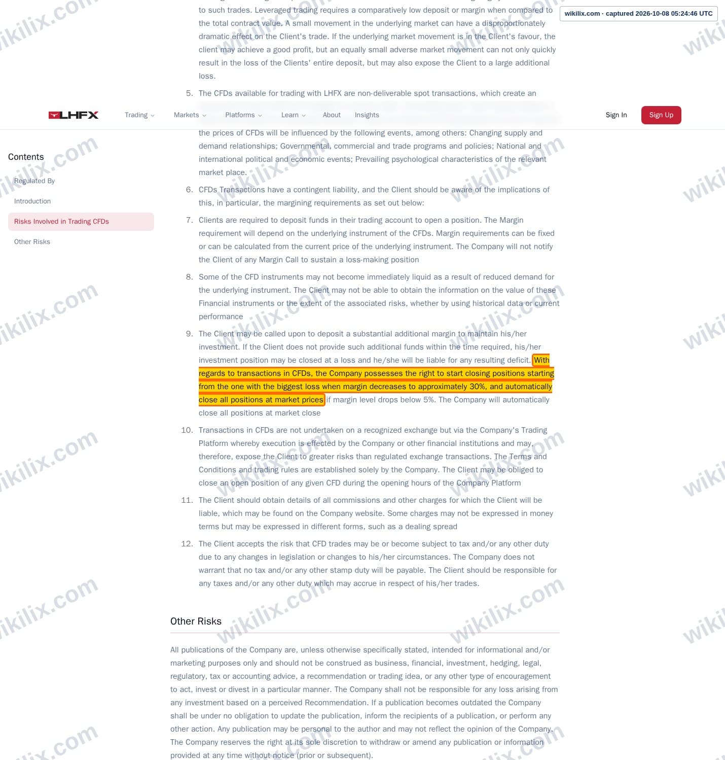 Our full page screenshot of the page this clause sits on, on CedarFX's site lhfx.com, taken on Oct 8, 2026. The quoted words are marked in the image.