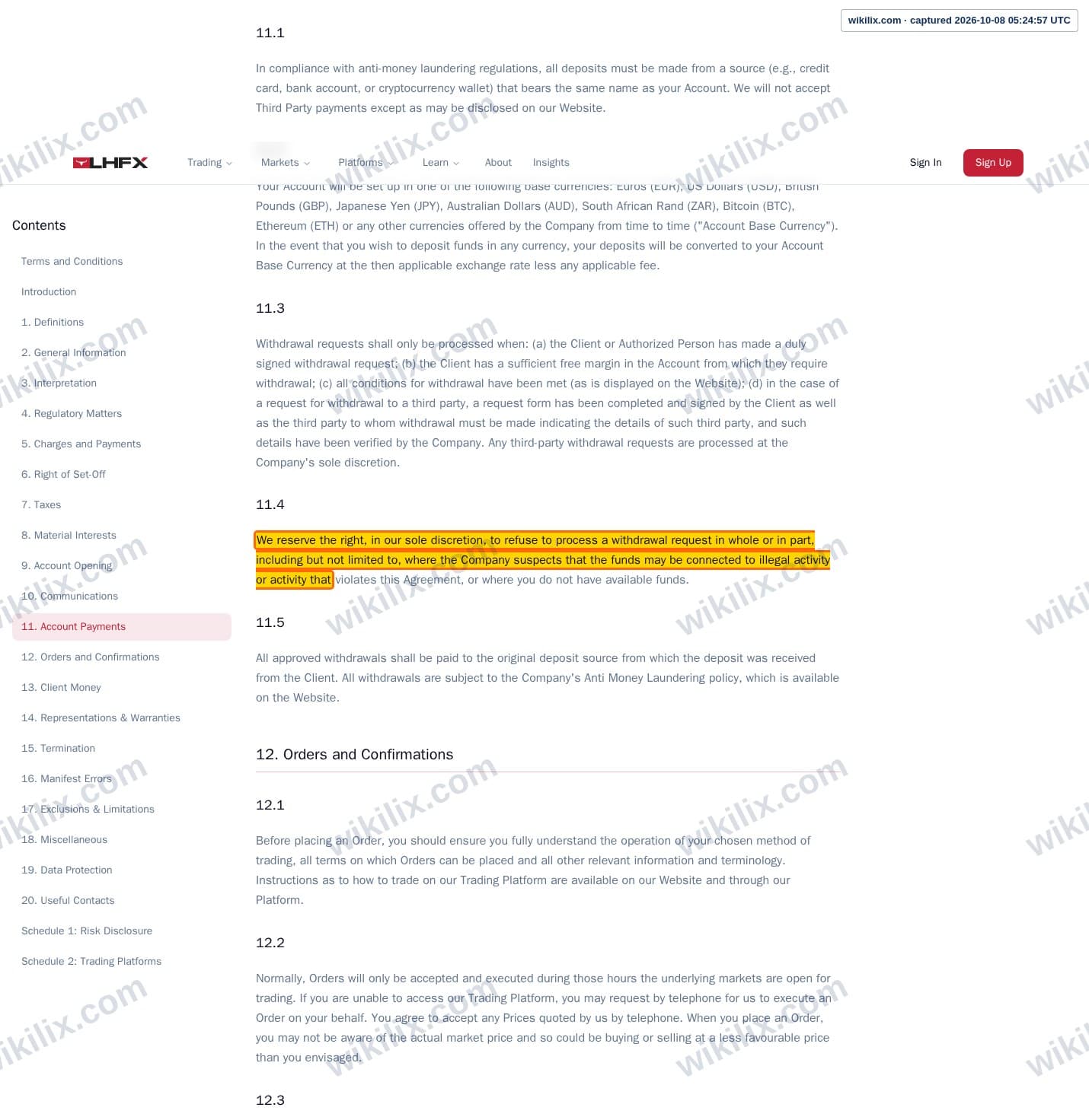 Our full page screenshot of the page this clause sits on, on CedarFX's site lhfx.com, taken on Oct 8, 2026. The quoted words are marked in the image.