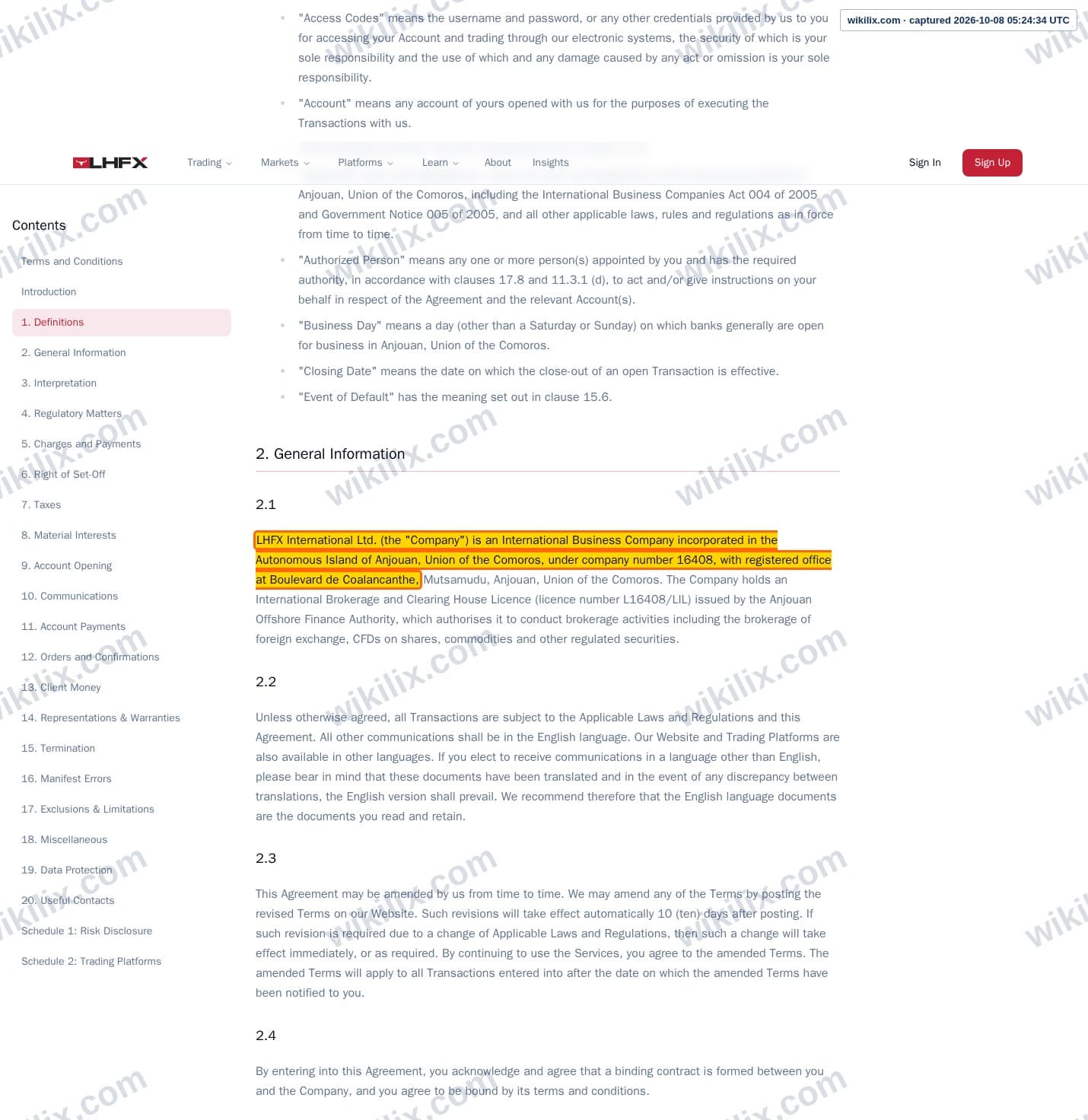Our full page screenshot of the page this clause sits on, on CedarFX's site lhfx.com, taken on Oct 8, 2026. The quoted words are marked in the image.