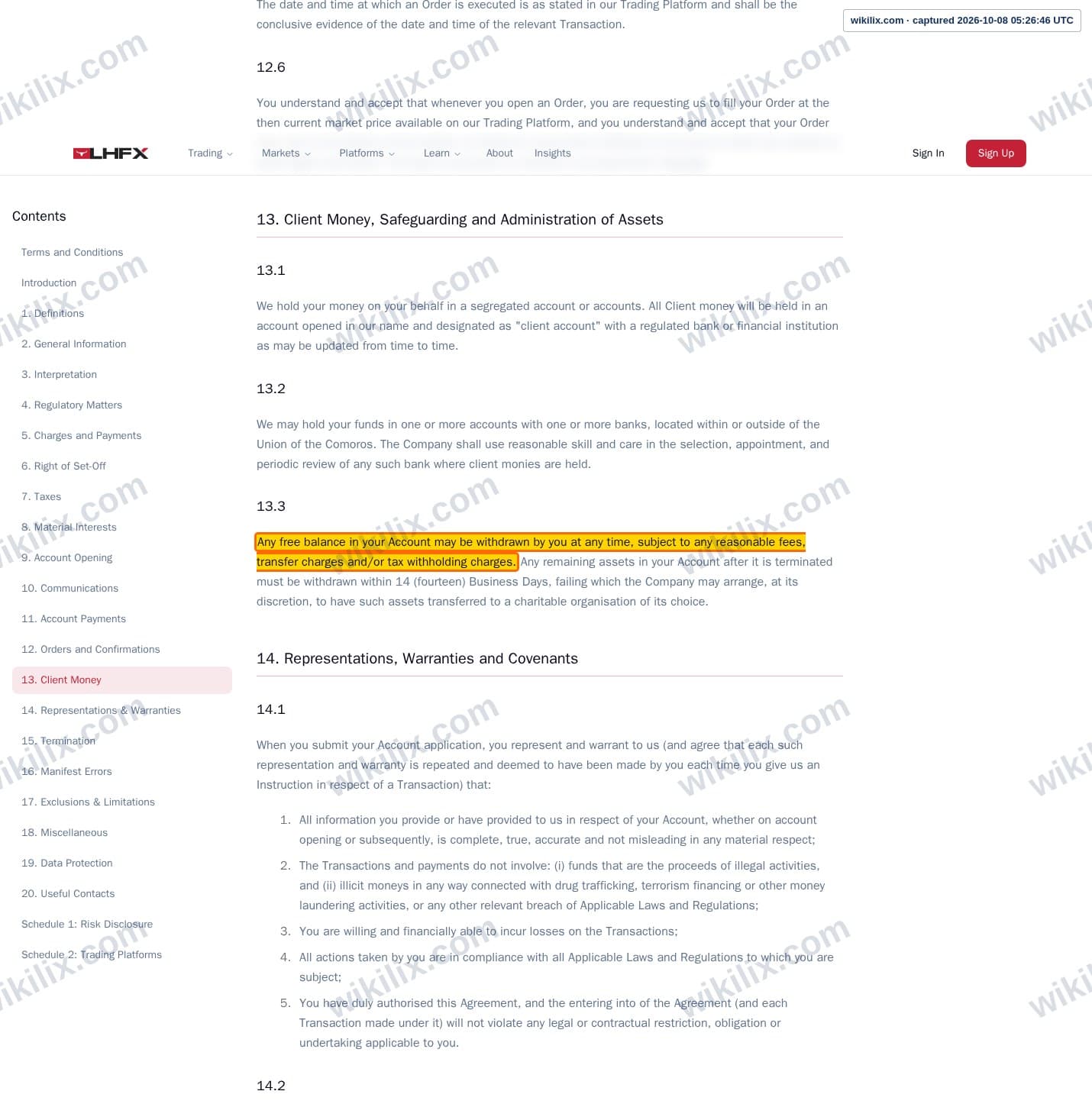 Our full page screenshot of the page this clause sits on, on CedarFX's site lhfx.com, taken on Oct 8, 2026. The quoted words are marked in the image.