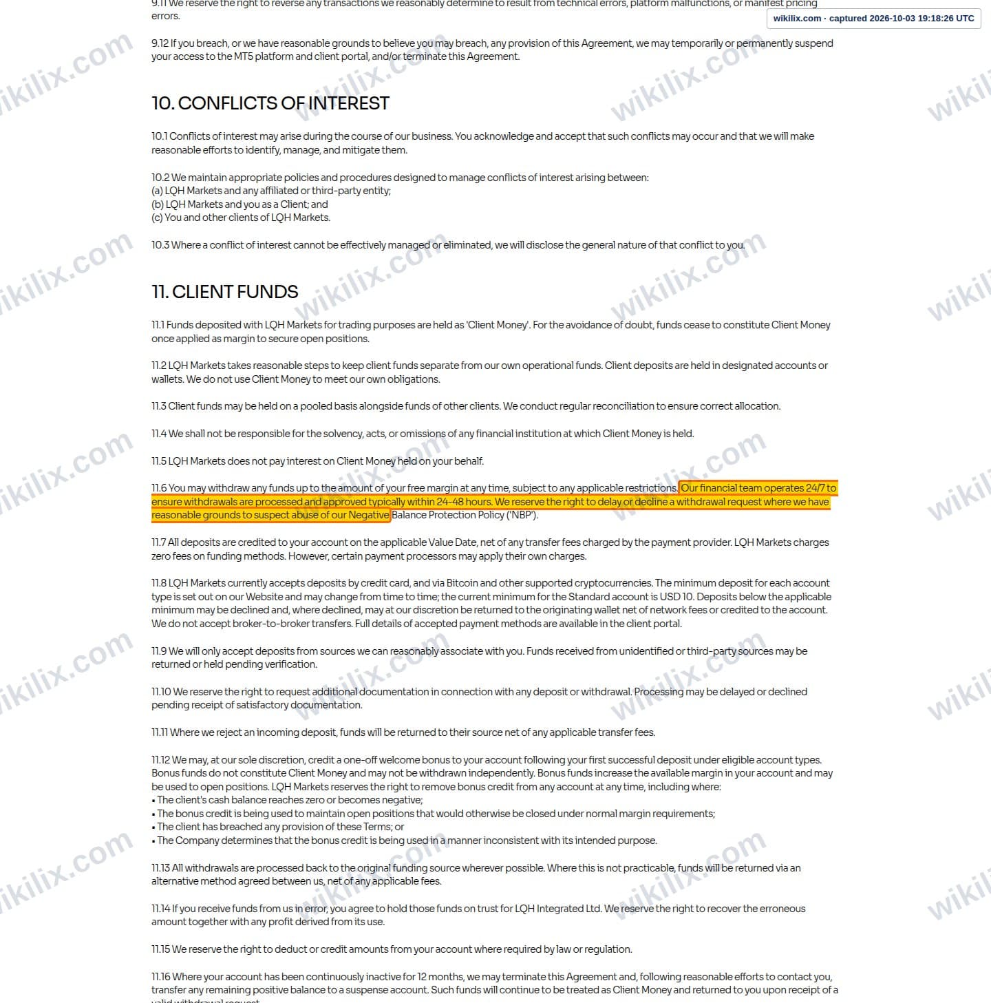 Our full page screenshot of the page this clause sits on, on LQH MARKETS's site lqhmarkets.com, taken on Oct 3, 2026. The quoted words are marked in the image.