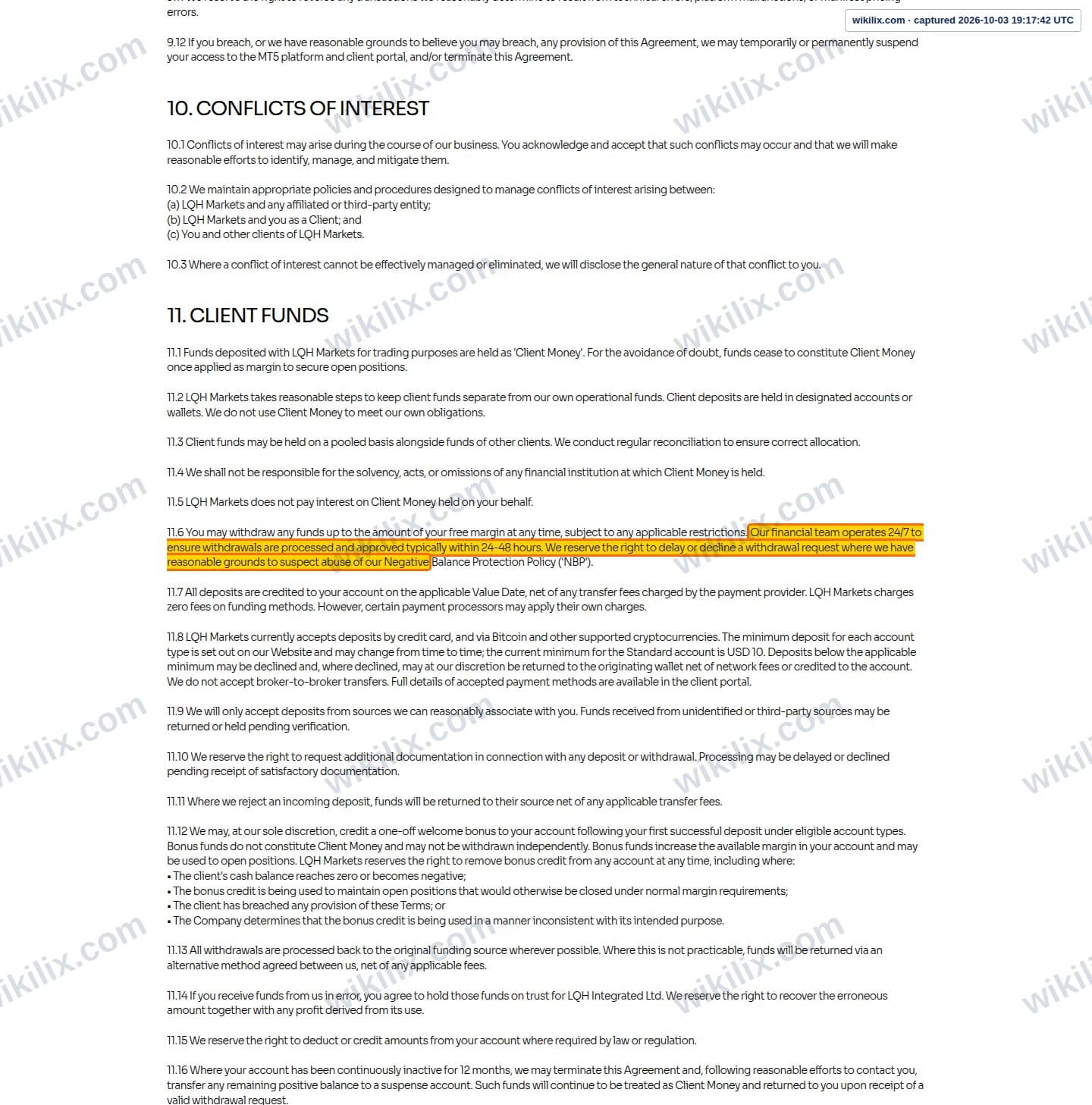Our full page screenshot of the page this clause sits on, on LQH MARKETS's site lqhmarkets.com, taken on Oct 3, 2026. The quoted words are marked in the image.