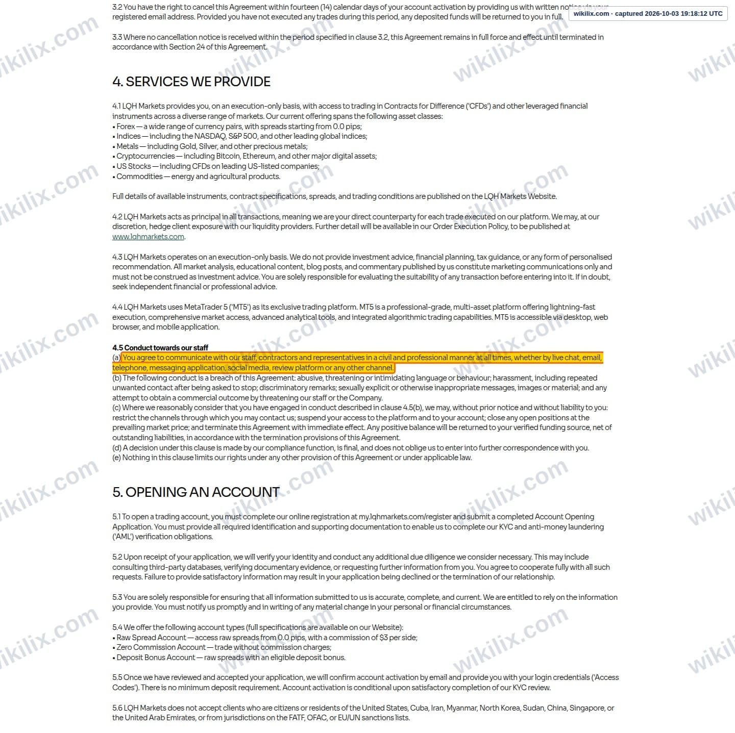 Our full page screenshot of the page this clause sits on, on LQH MARKETS's site lqhmarkets.com, taken on Oct 3, 2026. The quoted words are marked in the image.