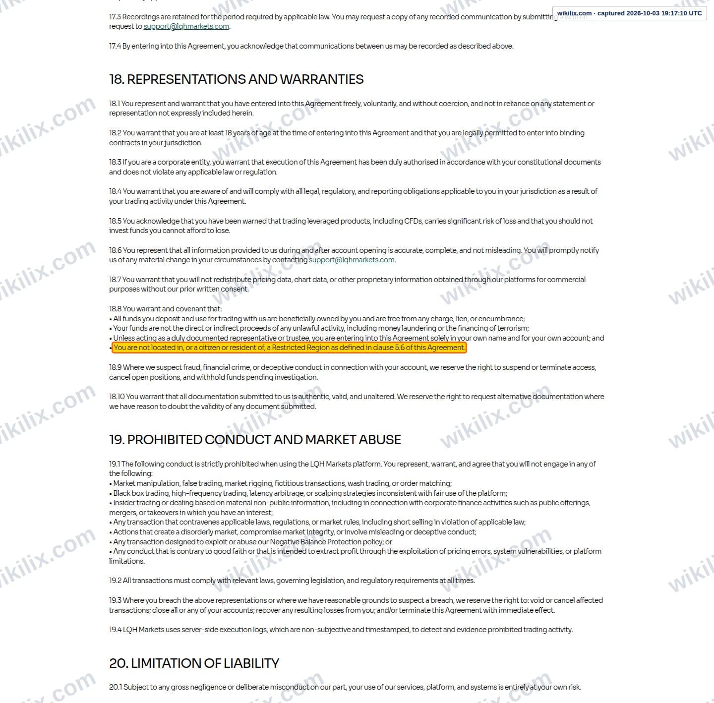 Our full page screenshot of the page this clause sits on, on LQH MARKETS's site lqhmarkets.com, taken on Oct 3, 2026. The quoted words are marked in the image.