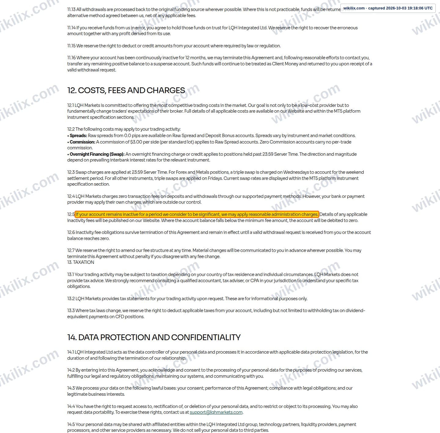 Our full page screenshot of the page this clause sits on, on LQH MARKETS's site lqhmarkets.com, taken on Oct 3, 2026. The quoted words are marked in the image.
