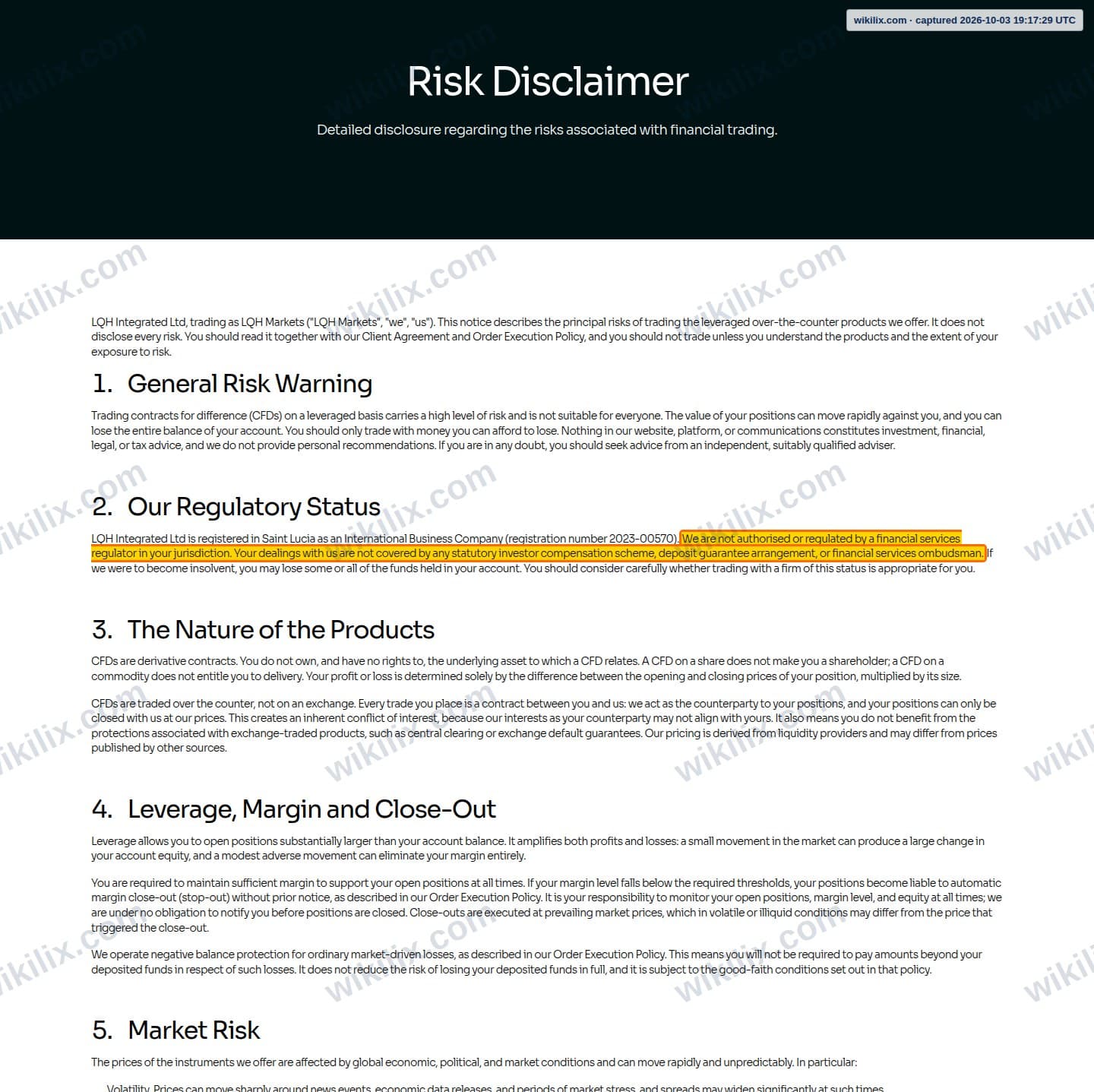 Our full page screenshot of the page this clause sits on, on LQH MARKETS's site lqhmarkets.com, taken on Oct 3, 2026. The quoted words are marked in the image.