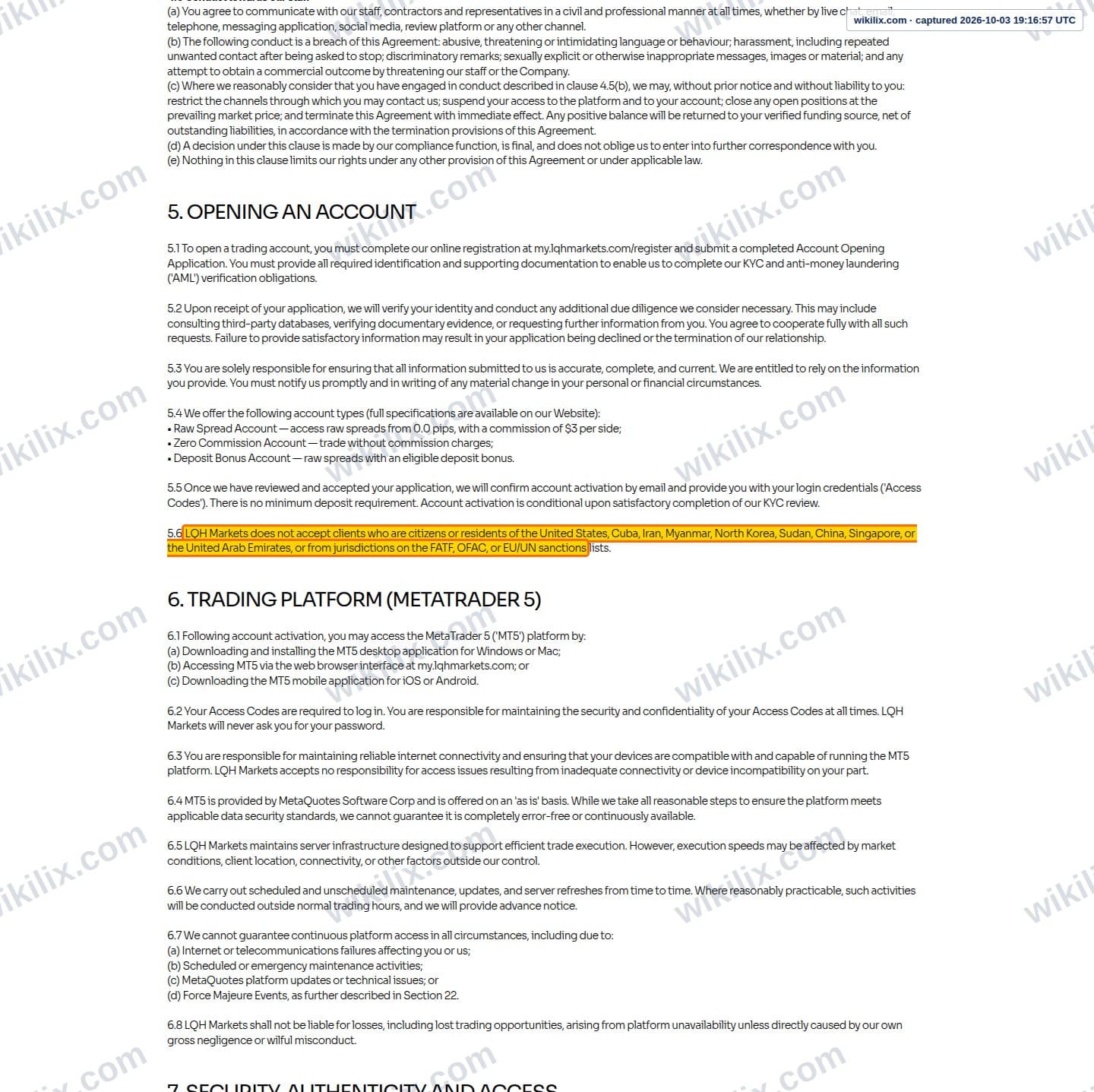 Our full page screenshot of the page this clause sits on, on LQH MARKETS's site lqhmarkets.com, taken on Oct 3, 2026. The quoted words are marked in the image.