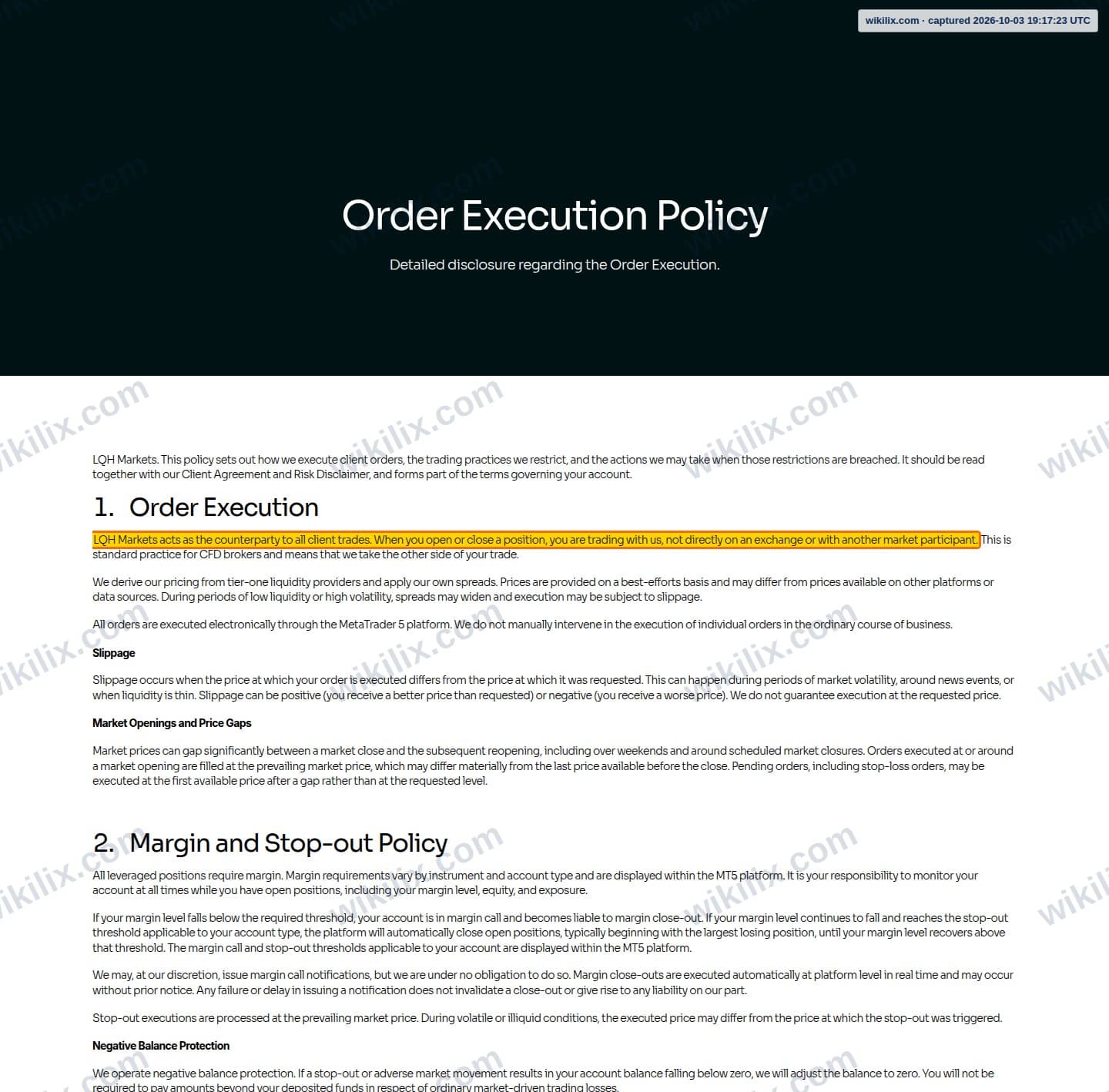Our full page screenshot of the page this clause sits on, on LQH MARKETS's site lqhmarkets.com, taken on Oct 3, 2026. The quoted words are marked in the image.