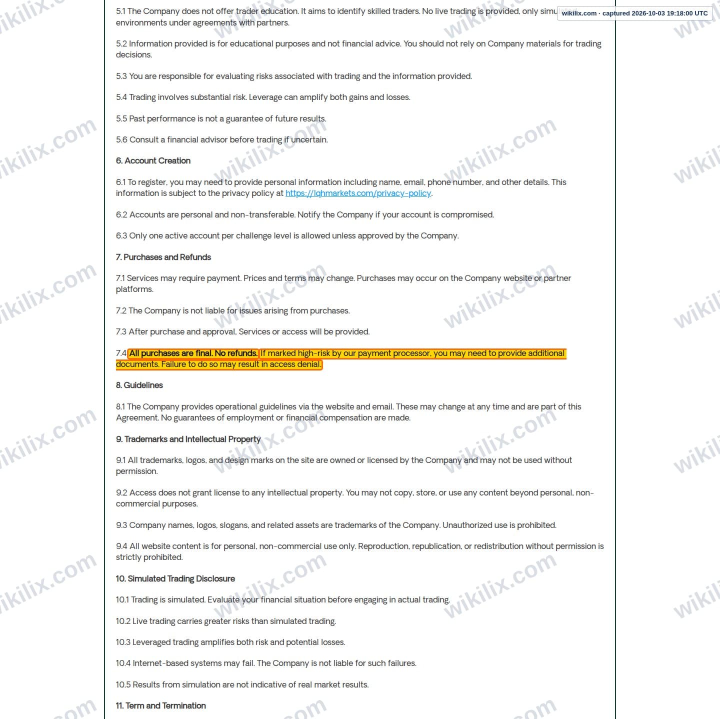 Our full page screenshot of the page this clause sits on, on LQH MARKETS's site funded.lqhmarkets.com, taken on Oct 3, 2026. The quoted words are marked in the image.