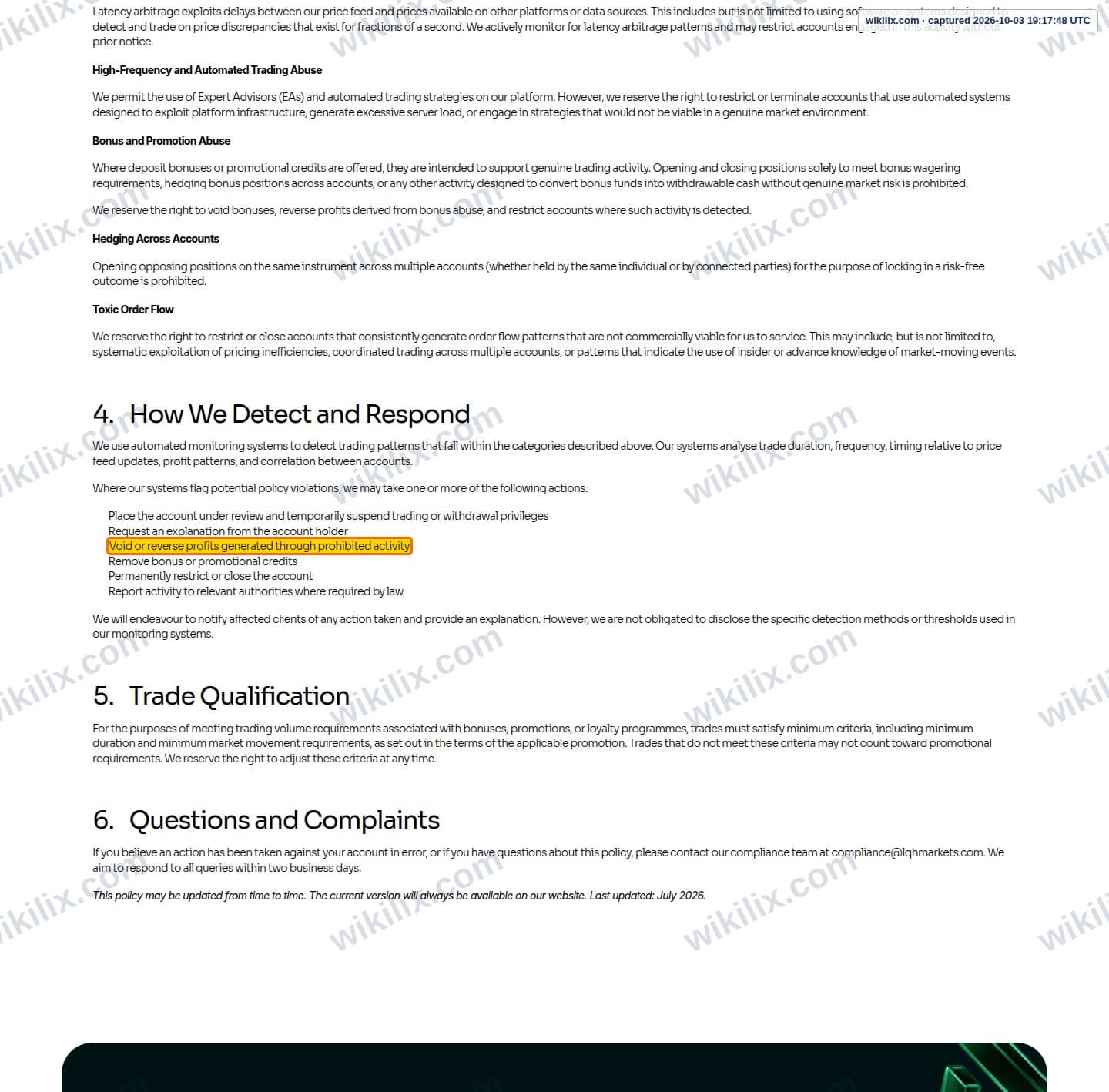 Our full page screenshot of the page this clause sits on, on LQH MARKETS's site lqhmarkets.com, taken on Oct 3, 2026. The quoted words are marked in the image.