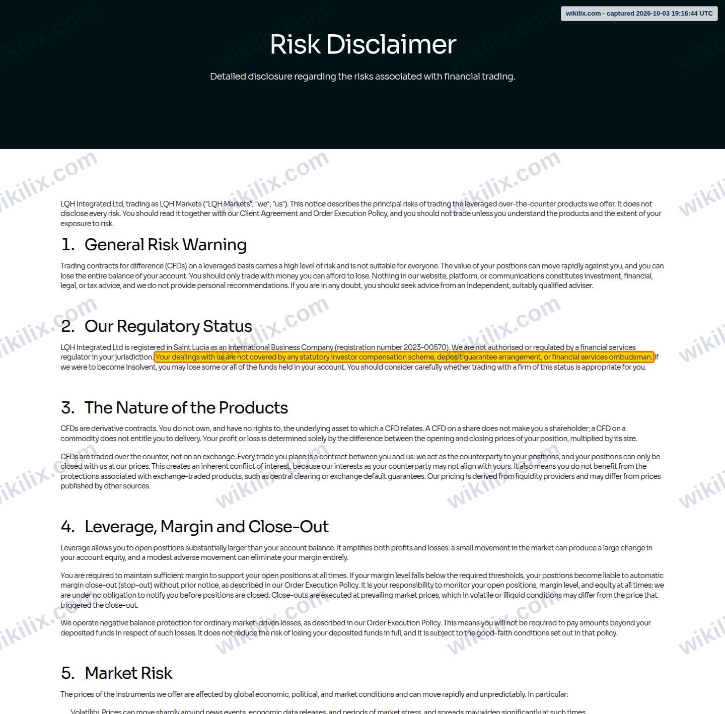 Our full page screenshot of the page this clause sits on, on LQH MARKETS's site lqhmarkets.com, taken on Oct 3, 2026. The quoted words are marked in the image.