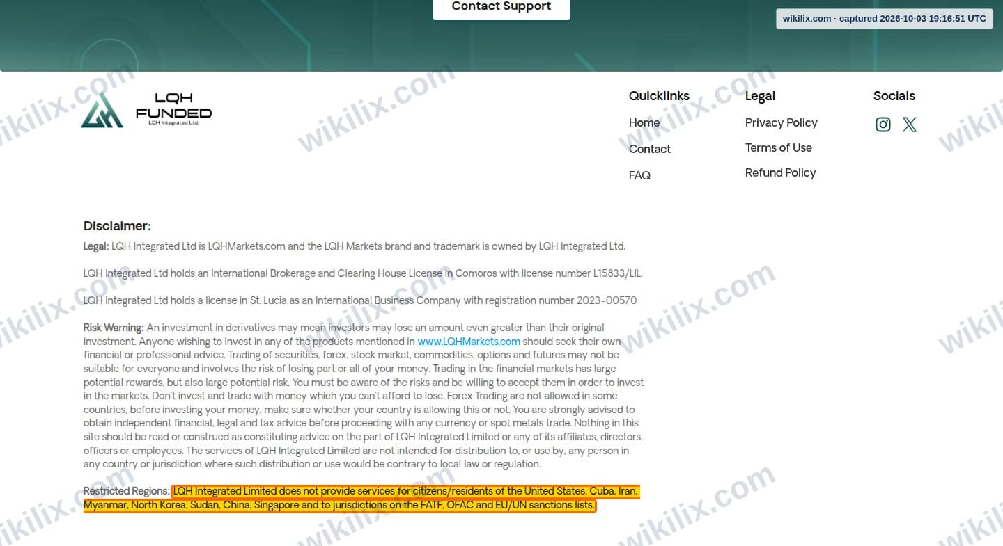 Our full page screenshot of the page that makes this promise, on LQH MARKETS's site funded.lqhmarkets.com, taken on Oct 3, 2026. The quoted words are marked in the image.