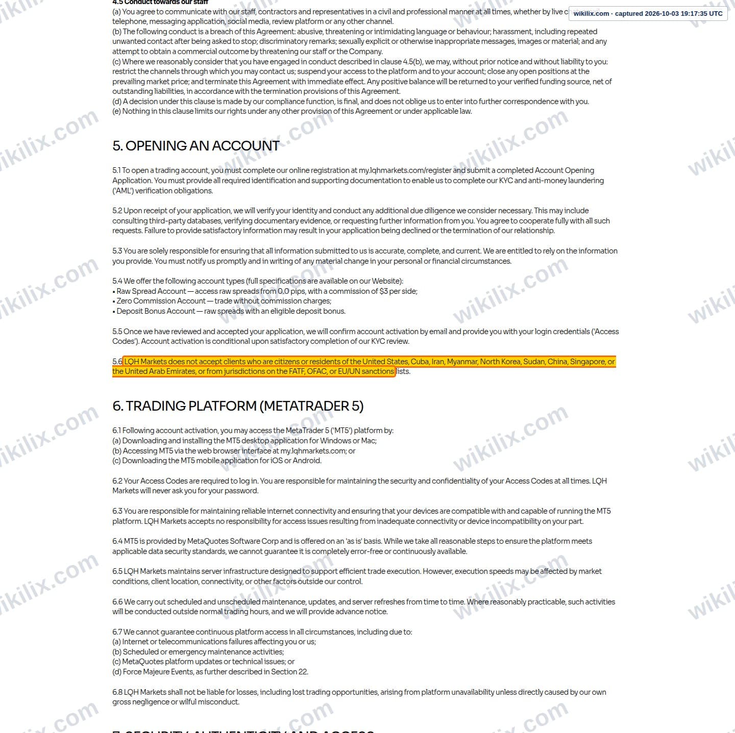 Our full page screenshot of the page this clause sits on, on LQH MARKETS's site lqhmarkets.com, taken on Oct 3, 2026. The quoted words are marked in the image.