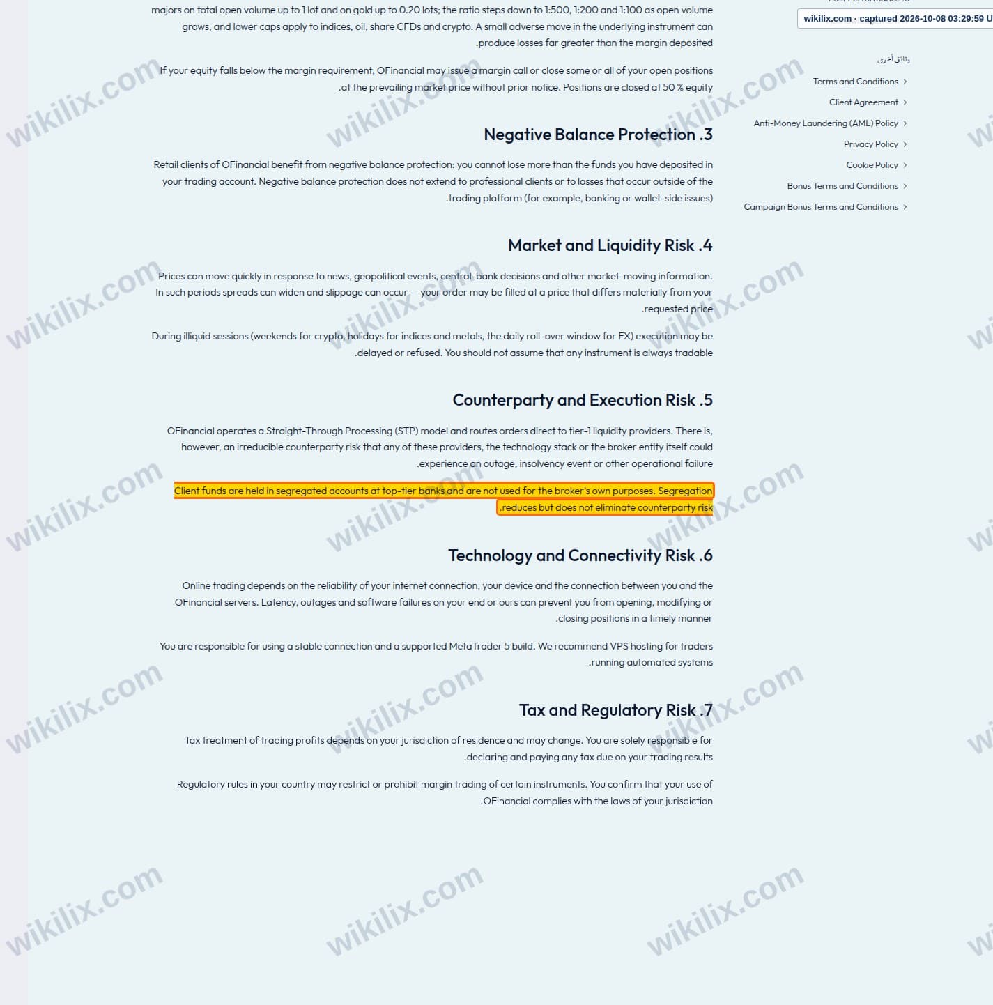 Our full page screenshot of the page this clause sits on, on OFinancial Markets's site ofinancial.markets, taken on Oct 8, 2026. The quoted words are marked in the image.