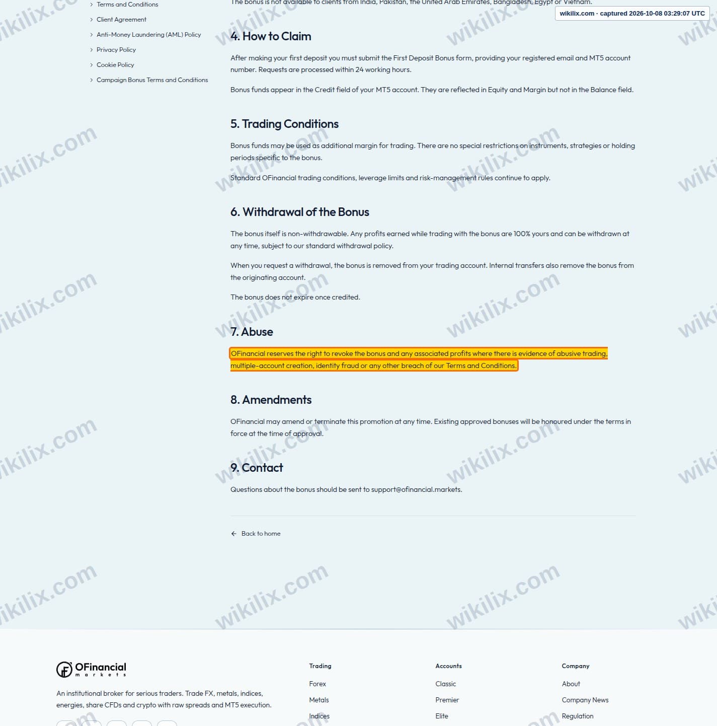 Our full page screenshot of the page this clause sits on, on OFinancial Markets's site ofinancial.markets, taken on Oct 8, 2026. The quoted words are marked in the image.
