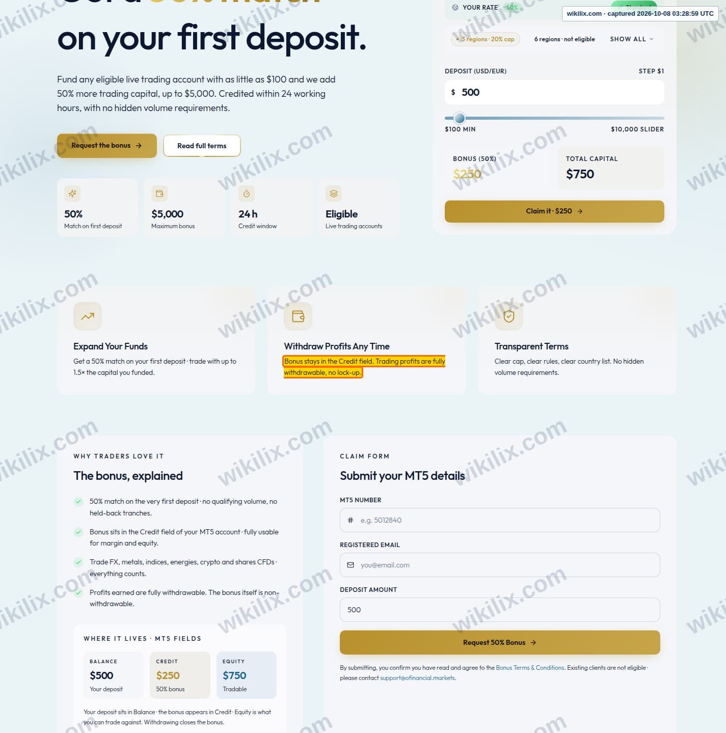 Our full page screenshot of the page that makes this promise, on OFinancial Markets's site ofinancial.markets, taken on Oct 8, 2026. The quoted words are marked in the image.