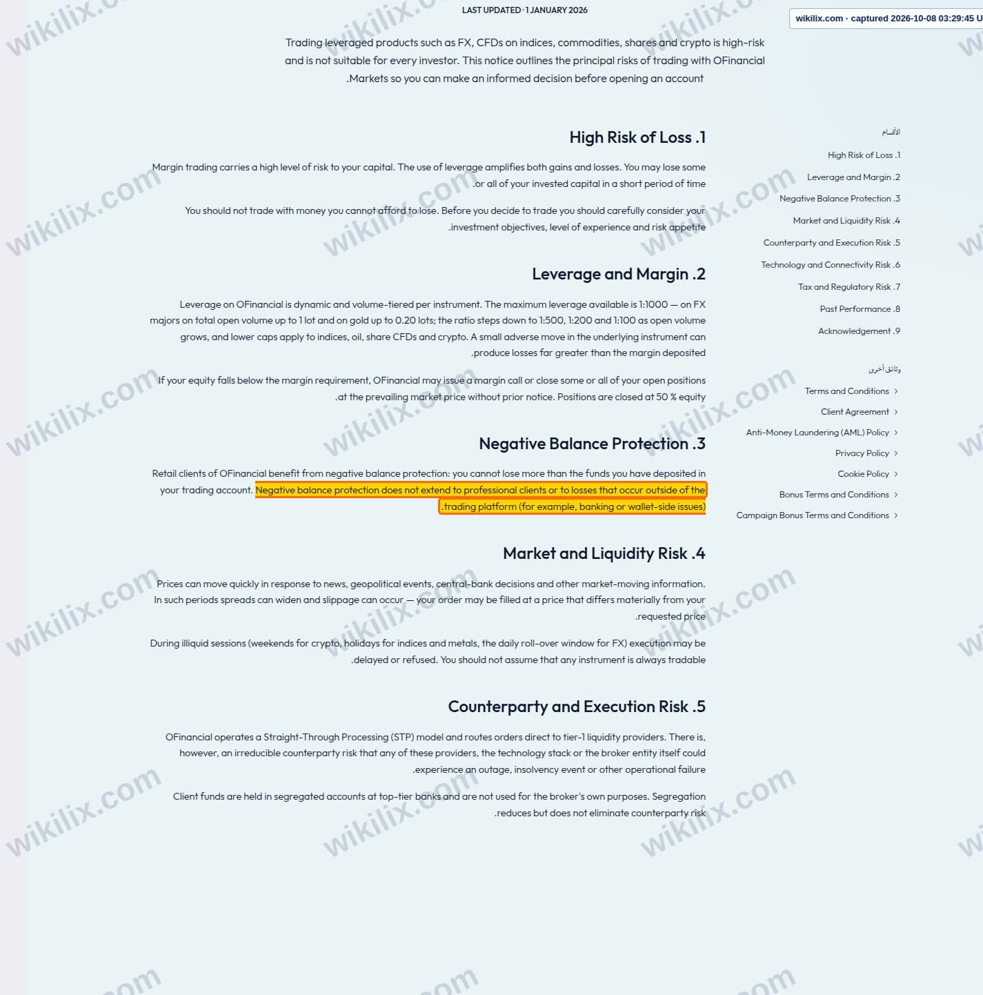 Our full page screenshot of the page this clause sits on, on OFinancial Markets's site ofinancial.markets, taken on Oct 8, 2026. The quoted words are marked in the image.