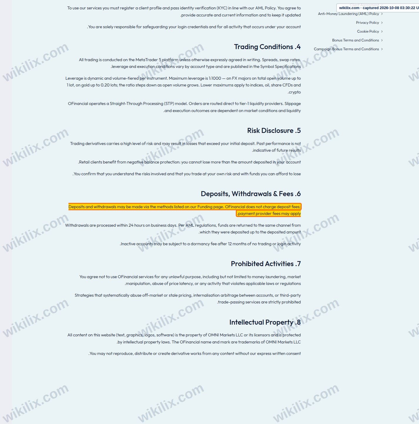 Our full page screenshot of the page this clause sits on, on OFinancial Markets's site ofinancial.markets, taken on Oct 8, 2026. The quoted words are marked in the image.