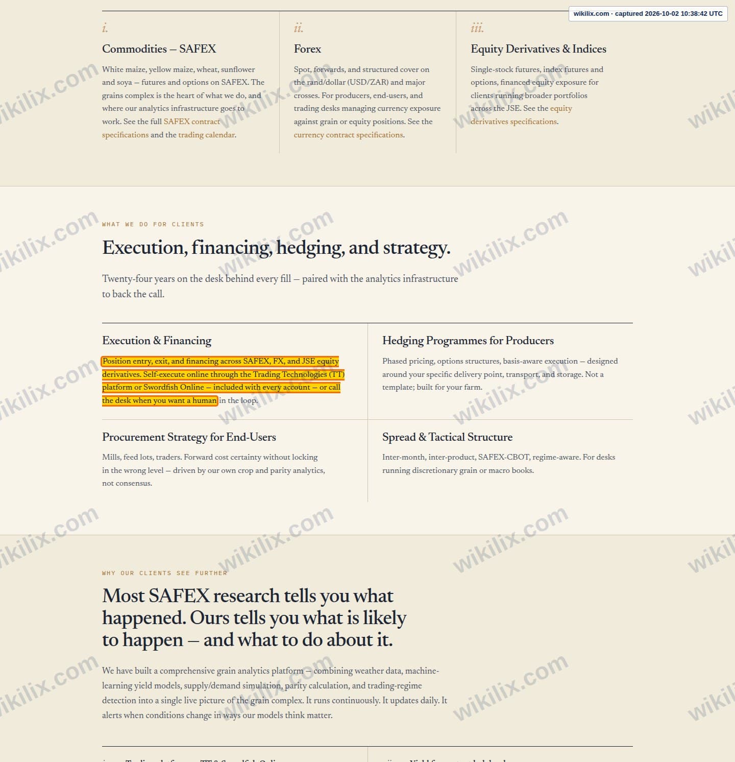 Our full page screenshot of the page this clause sits on, on Applied Derivatives's site derivative.co.za, taken on Oct 2, 2026. The quoted words are marked in the image.