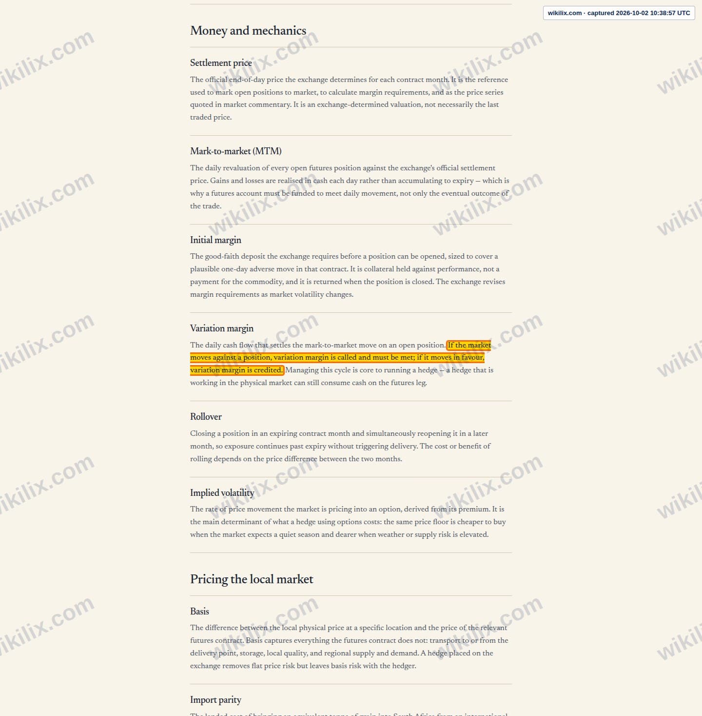 Our full page screenshot of the page this clause sits on, on Applied Derivatives's site derivative.co.za, taken on Oct 2, 2026. The quoted words are marked in the image.