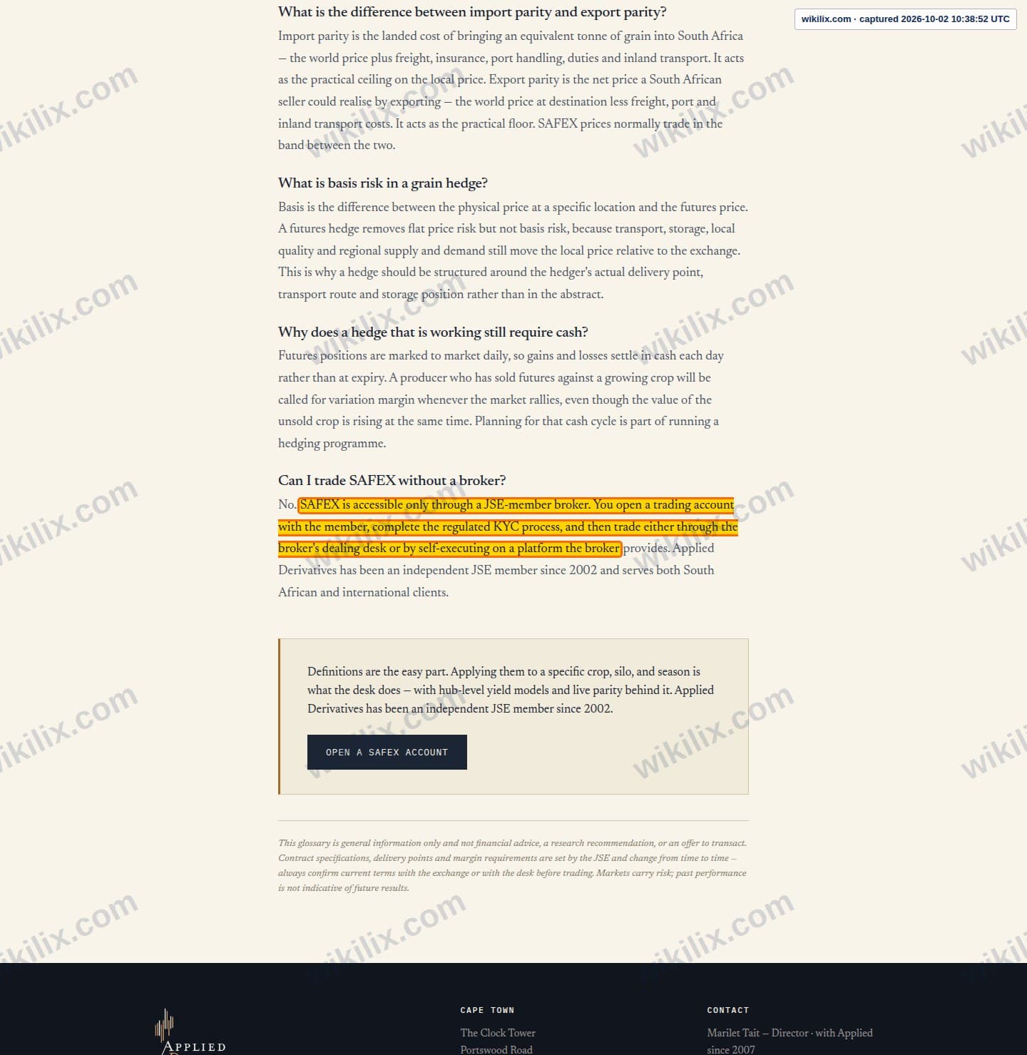 Our full page screenshot of the page this clause sits on, on Applied Derivatives's site derivative.co.za, taken on Oct 2, 2026. The quoted words are marked in the image.