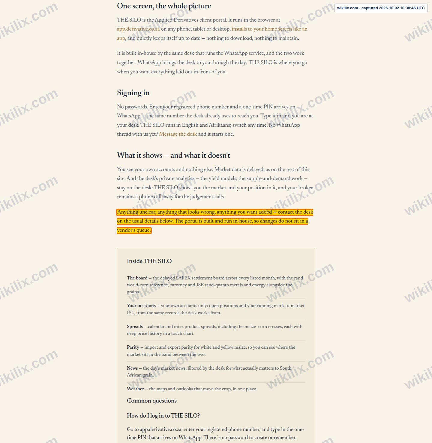 Our full page screenshot of the page this clause sits on, on Applied Derivatives's site derivative.co.za, taken on Oct 2, 2026. The quoted words are marked in the image.