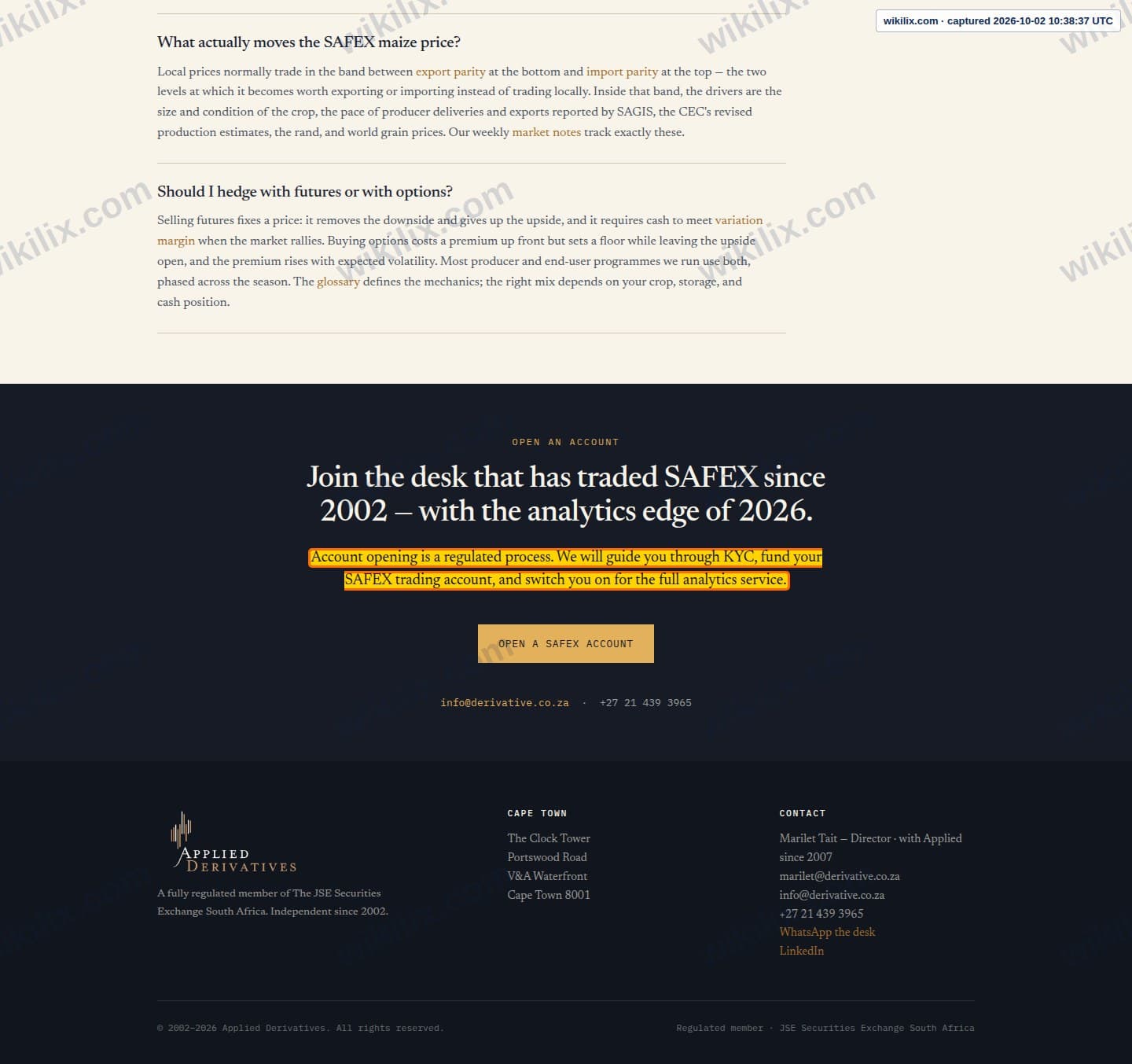 Our full page screenshot of the page this clause sits on, on Applied Derivatives's site derivative.co.za, taken on Oct 2, 2026. The quoted words are marked in the image.