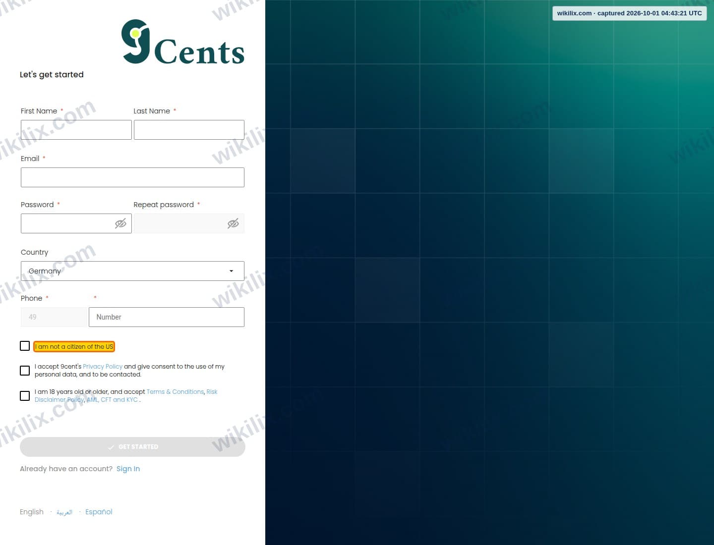 Our full page screenshot of the page that makes this promise, on 9Cents's site my1.9cents.com, taken on Oct 1, 2026. The quoted words are marked in the image.