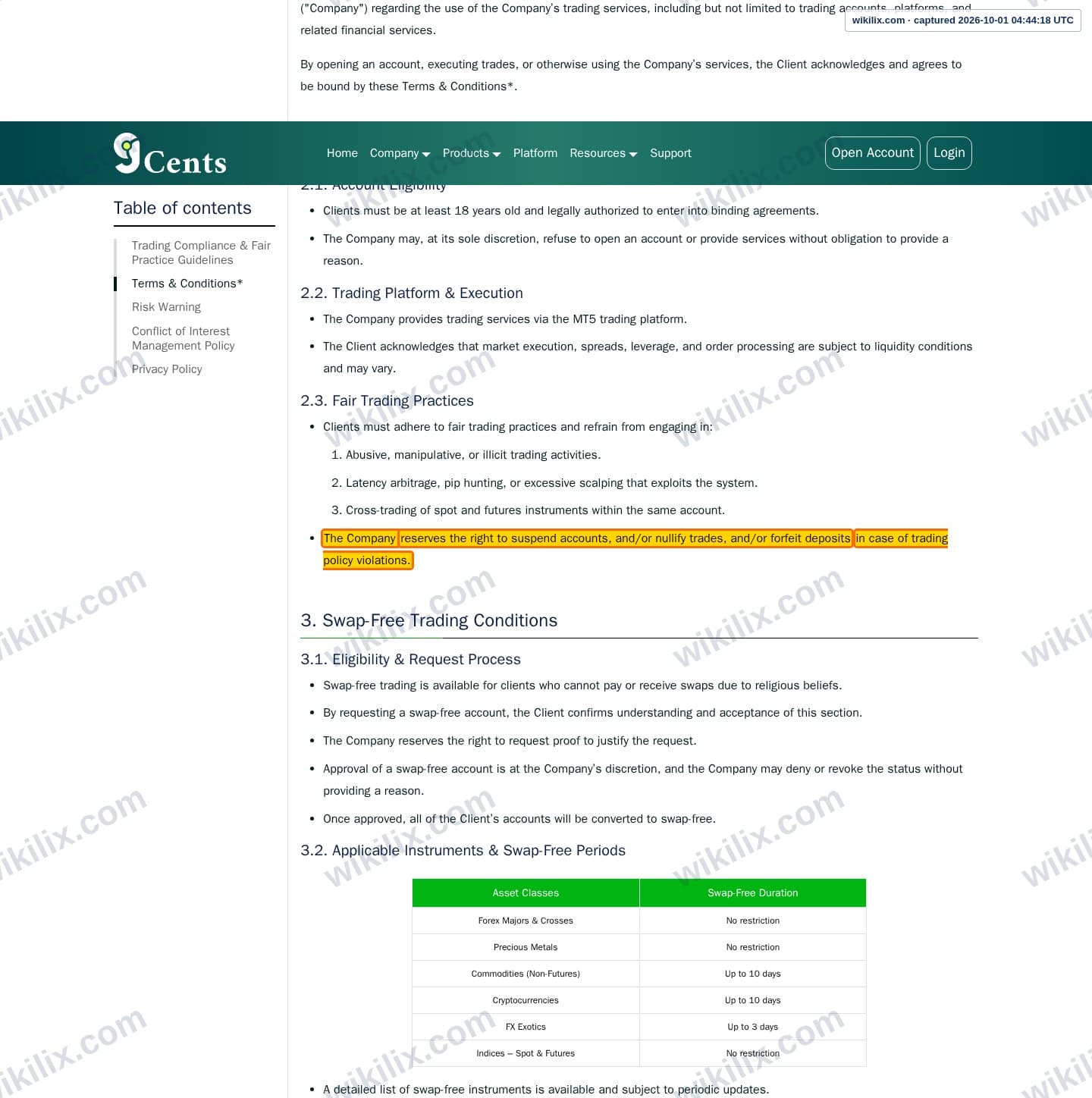 Our full page screenshot of the page this clause sits on, on 9Cents's site 9cents.com, taken on Oct 1, 2026. The quoted words are marked in the image.